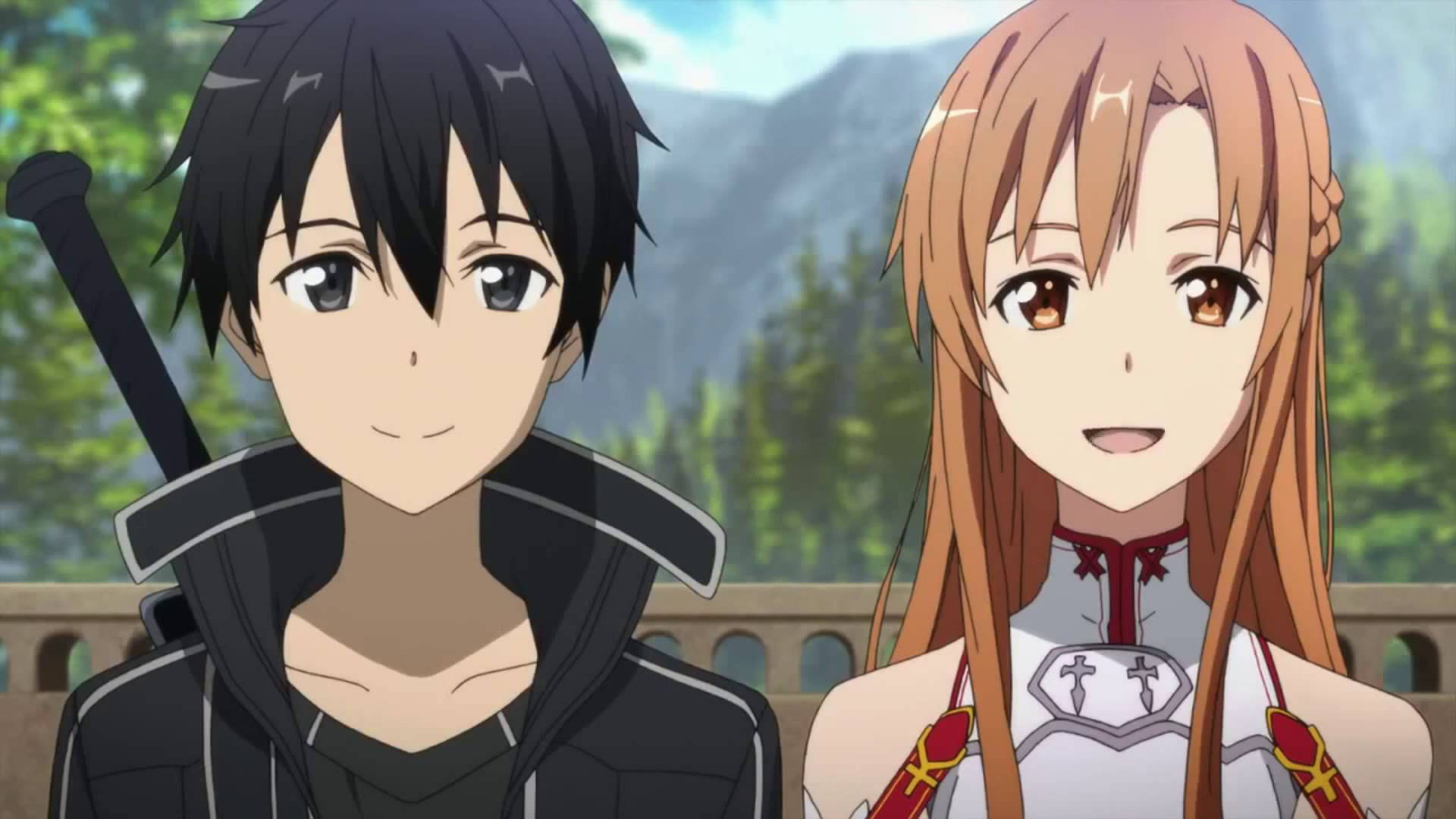 Kirito 桌布 壁紙 — 兩個動漫角色並肩站在森林覆蓋的山地環境中，腰間佩劍。