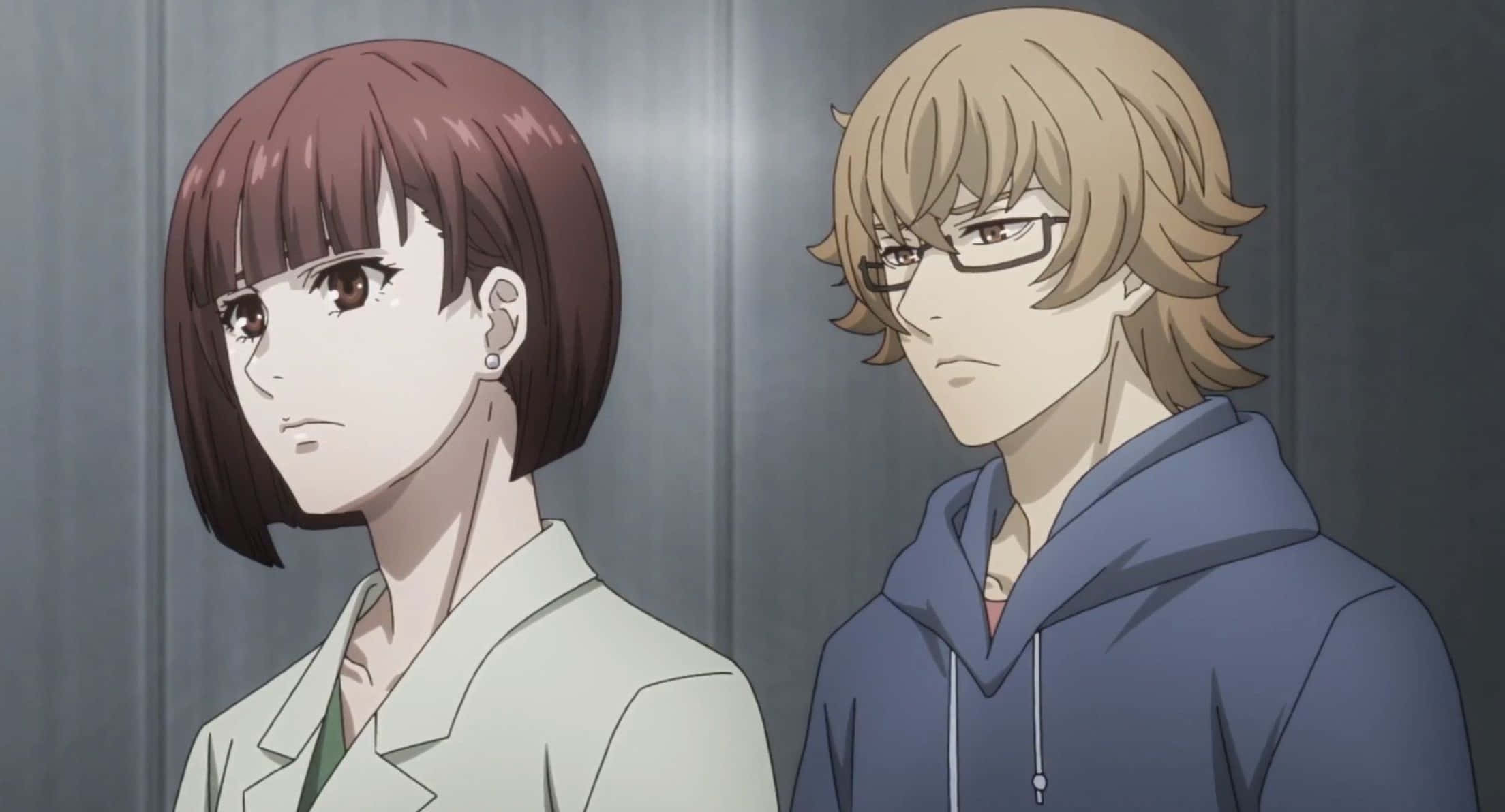 Nishiki Nishio 桌布 壁紙 — 兩個動漫角色並肩站在燈光昏暗的電梯內，表情嚴肅。