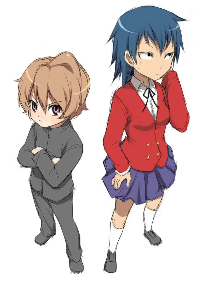 動漫女孩 桌布 壁紙 — 兩個動漫角色並肩站立，一個穿著灰色服裝交叉雙臂，另一個穿著紅色外套和紫色裙子，看起來很惱火。