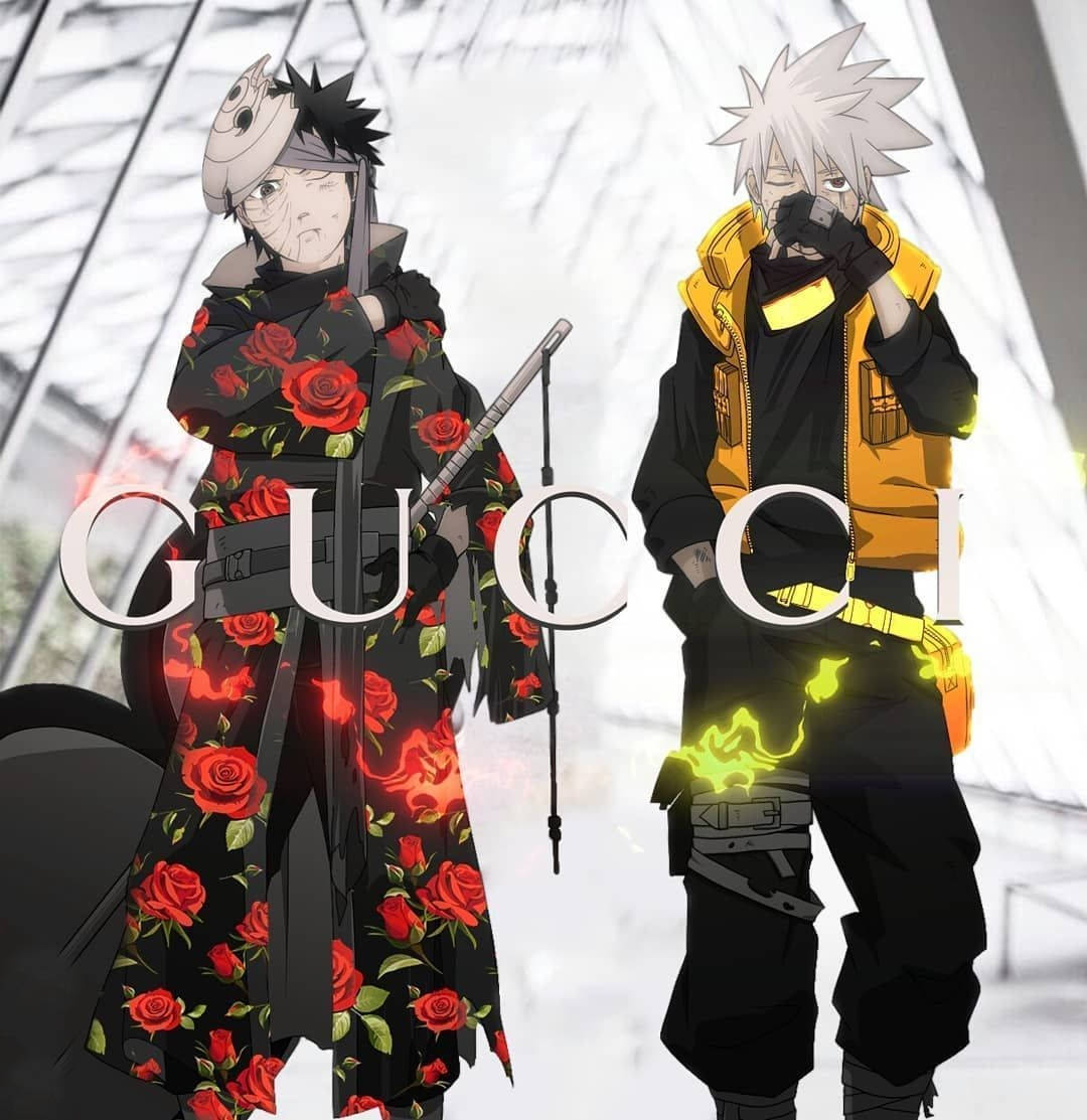 兩個動漫角色穿著時尚服裝，帶有發光效果和玫瑰圖案。 — Gucci GIF 壁紙