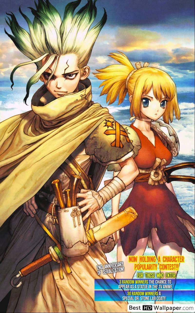 Dr Stone 桌布 壁紙 — 兩個動漫角色並肩站立，背景是陰天，下方有海浪。
