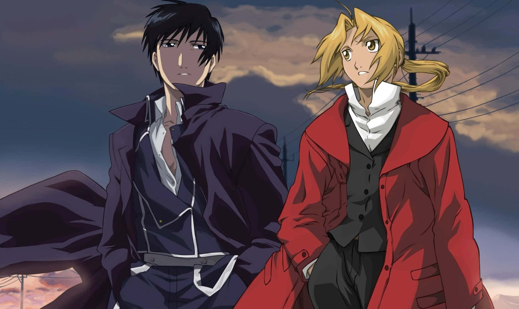 edward elric 桌布 壁紙 — 兩個動漫角色並肩站立，背景是陰雲密佈的黃昏天空和電線。