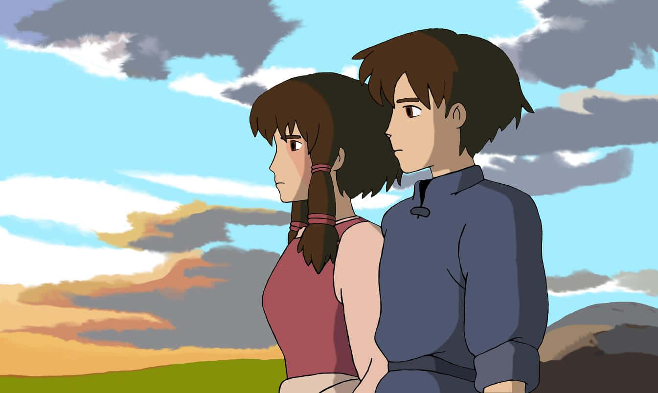 Tales From Earthsea 桌布 壁紙 — 兩個動漫角色並肩而坐，凝視著帶有橙色和藍色雲彩的戲劇性日落天空。