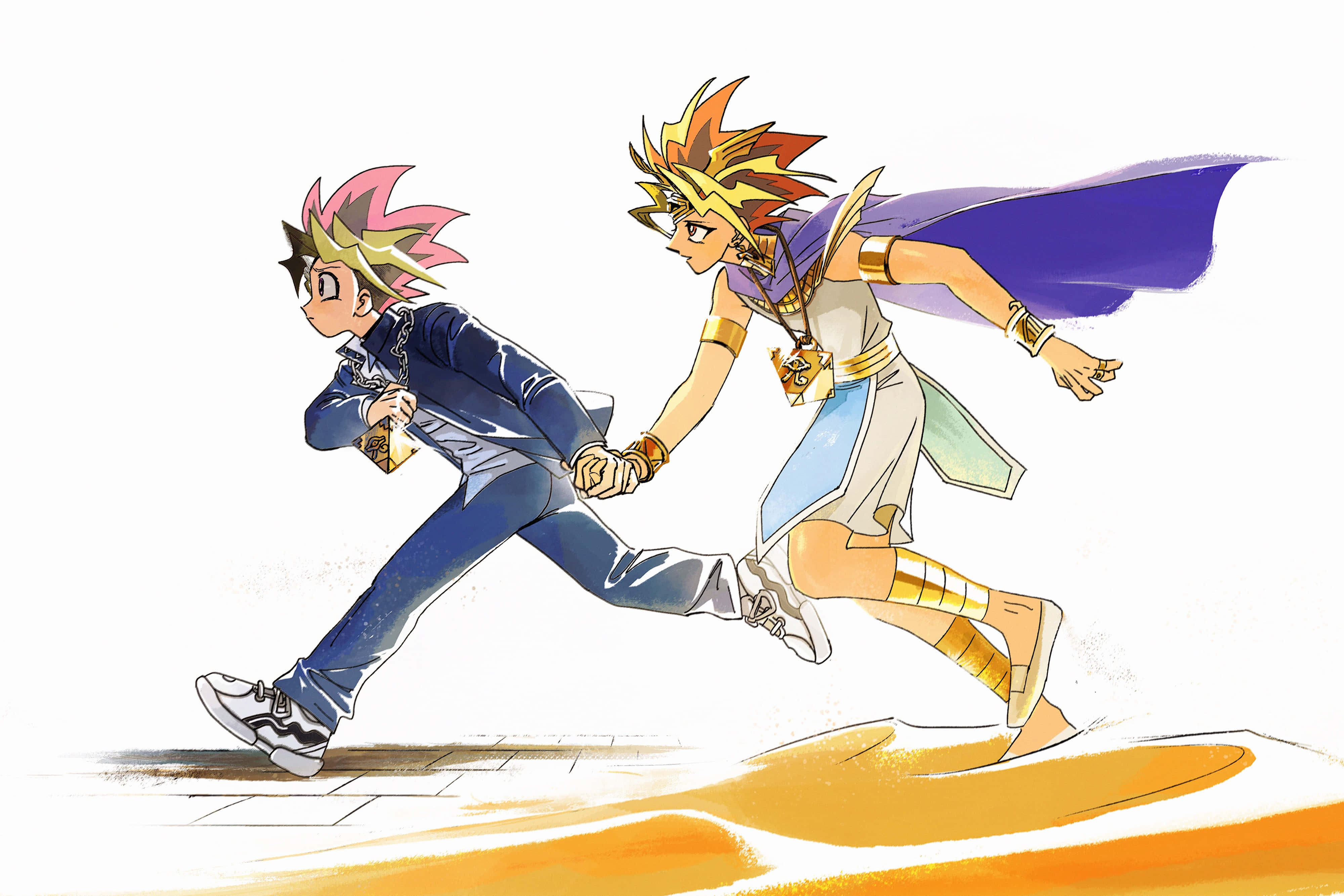 Yami Yugi 桌布 壁紙 — 兩個動漫角色並肩衝刺，帶有動態運動線條和鮮豔色彩，背景為純白色。