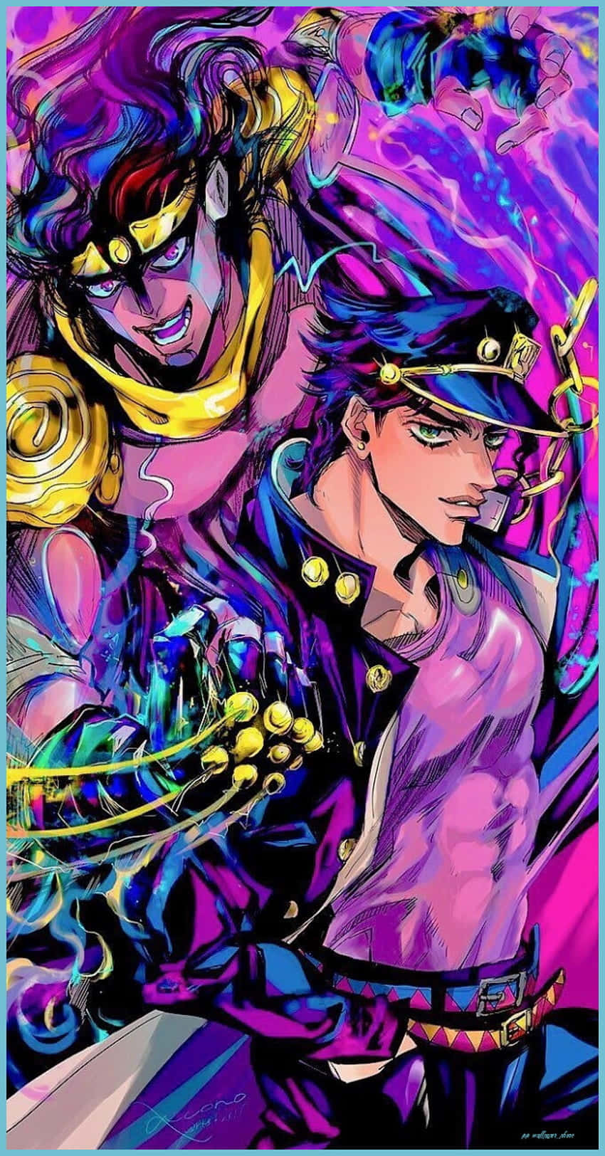 Jojo's Bizarre Adventure 桌布 壁紙 — 兩個動漫角色以充滿活力的紫色、藍色和金色色調在動態漫畫風格中碰撞。