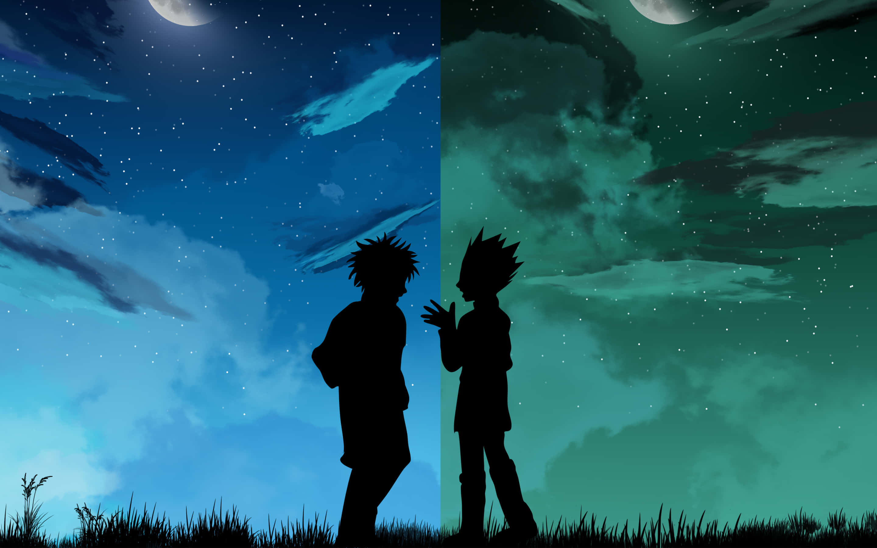獵人 x 獵人 桌布 壁紙 — 兩個動漫角色以剪影形式站在星空夜空下，夜空分為藍色和綠色兩半，上方有一輪明月。