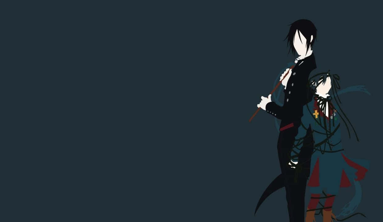 Black Butler 桌布 壁紙 — 兩個動漫角色以剪影形式站在深藍綠色背景前，一個拿著手杖，另一個擁有飄逸的頭髮和紅色點綴。