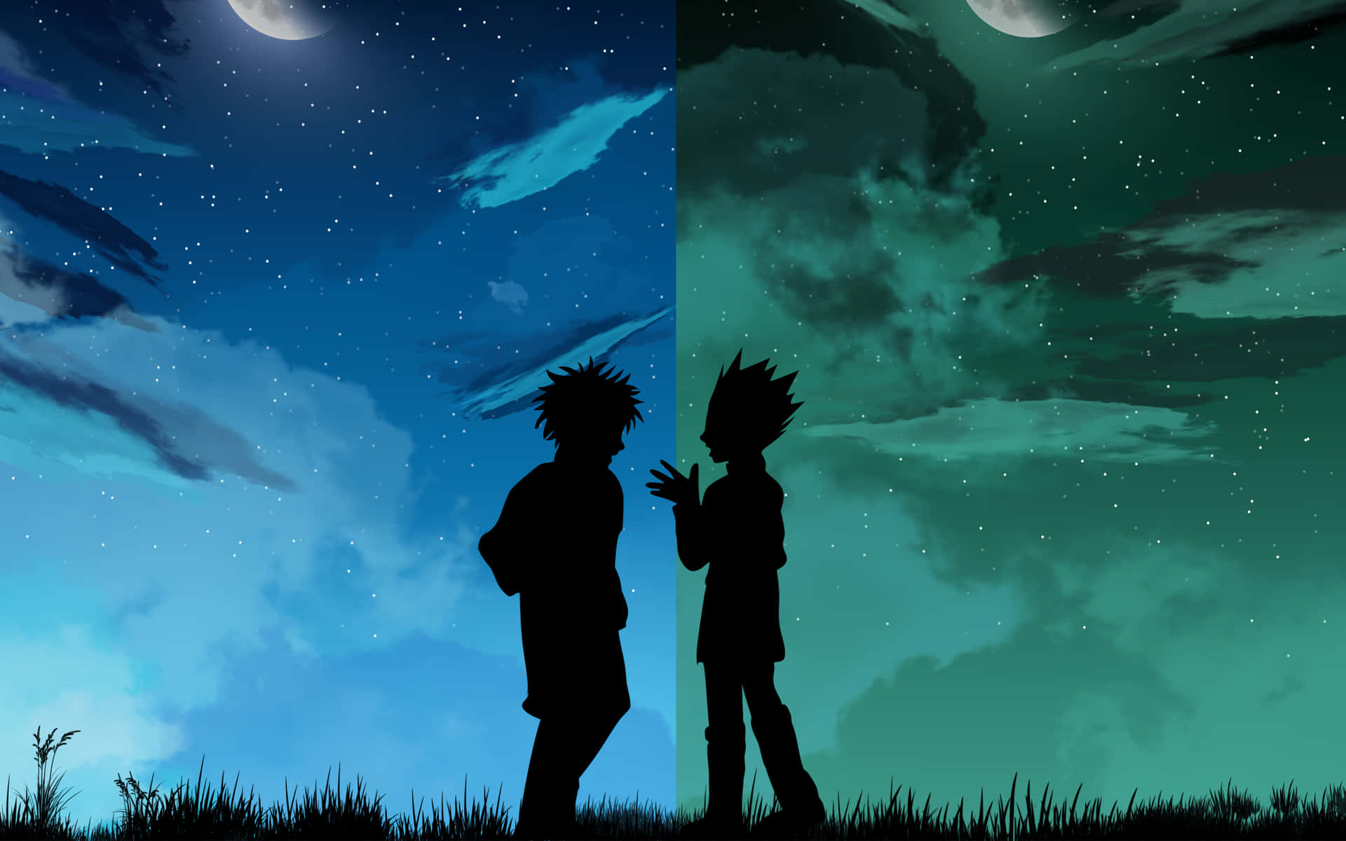 Gon And Killua 桌布 壁紙 — 兩個動漫角色以剪影形式站立在一個分為藍色和綠色半邊的星空夜空下，上方有月亮。