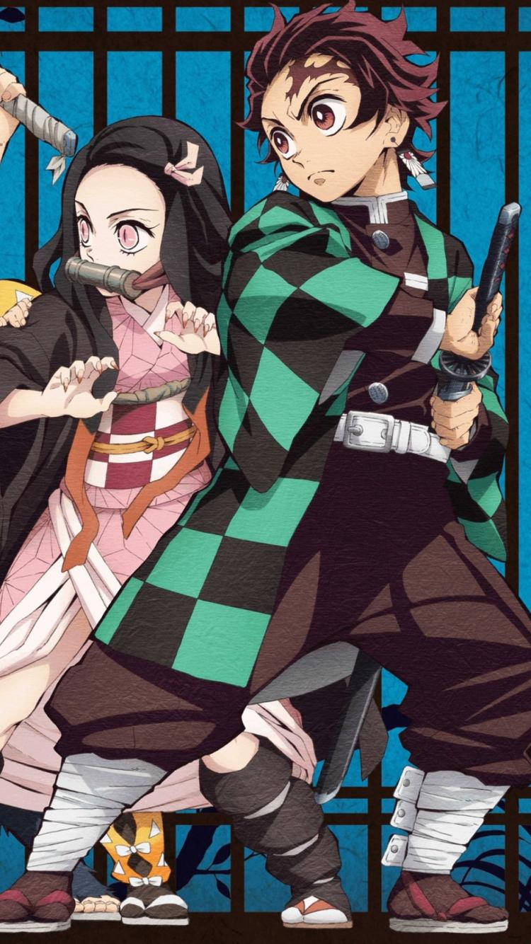 Demon Slayer Phone 桌布 壁紙 — 兩個動漫角色以劍擺出戰鬥姿勢，背景為藍色條紋。