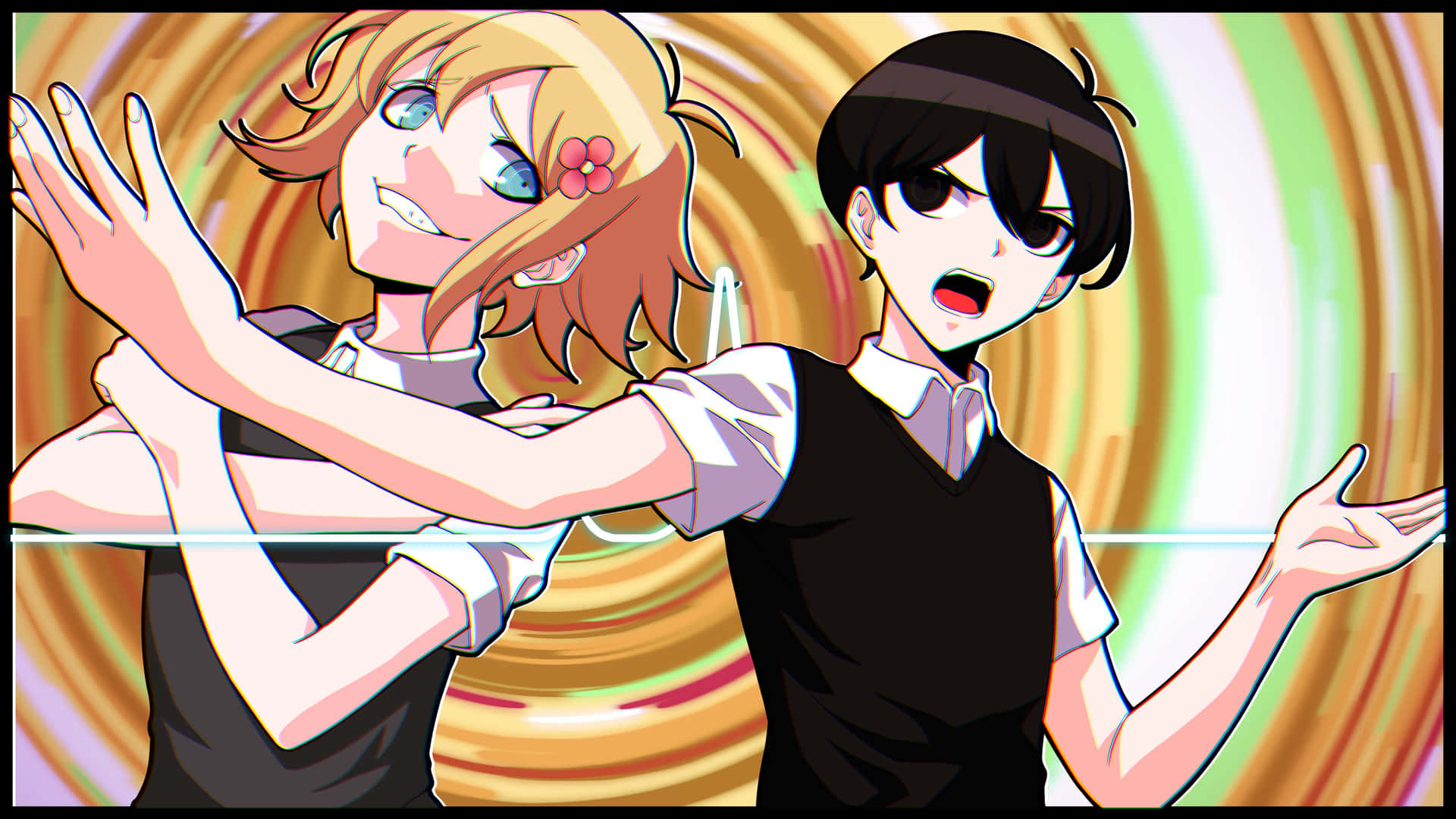 omori 桌布 壁紙 — 兩個動漫角色以動態姿勢，背景是旋轉的金色和綠色漩渦。
