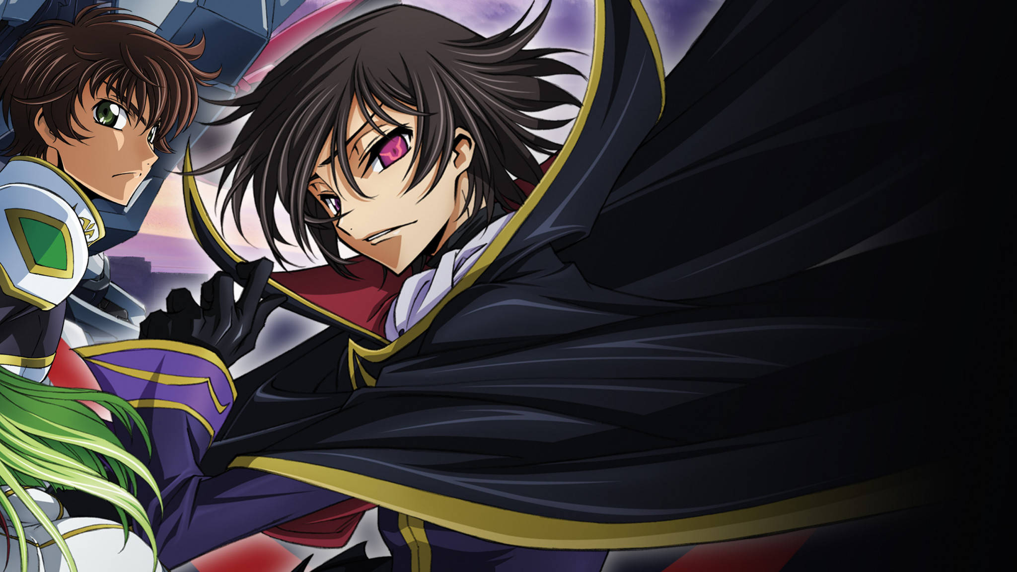 lelouch lamperouge 桌布 壁紙 — 兩個動漫角色以動態姿勢呈現，一個有綠色頭髮和盔甲，另一個有黑色斗篷和粉紅色眼睛，背景是紫色天空。