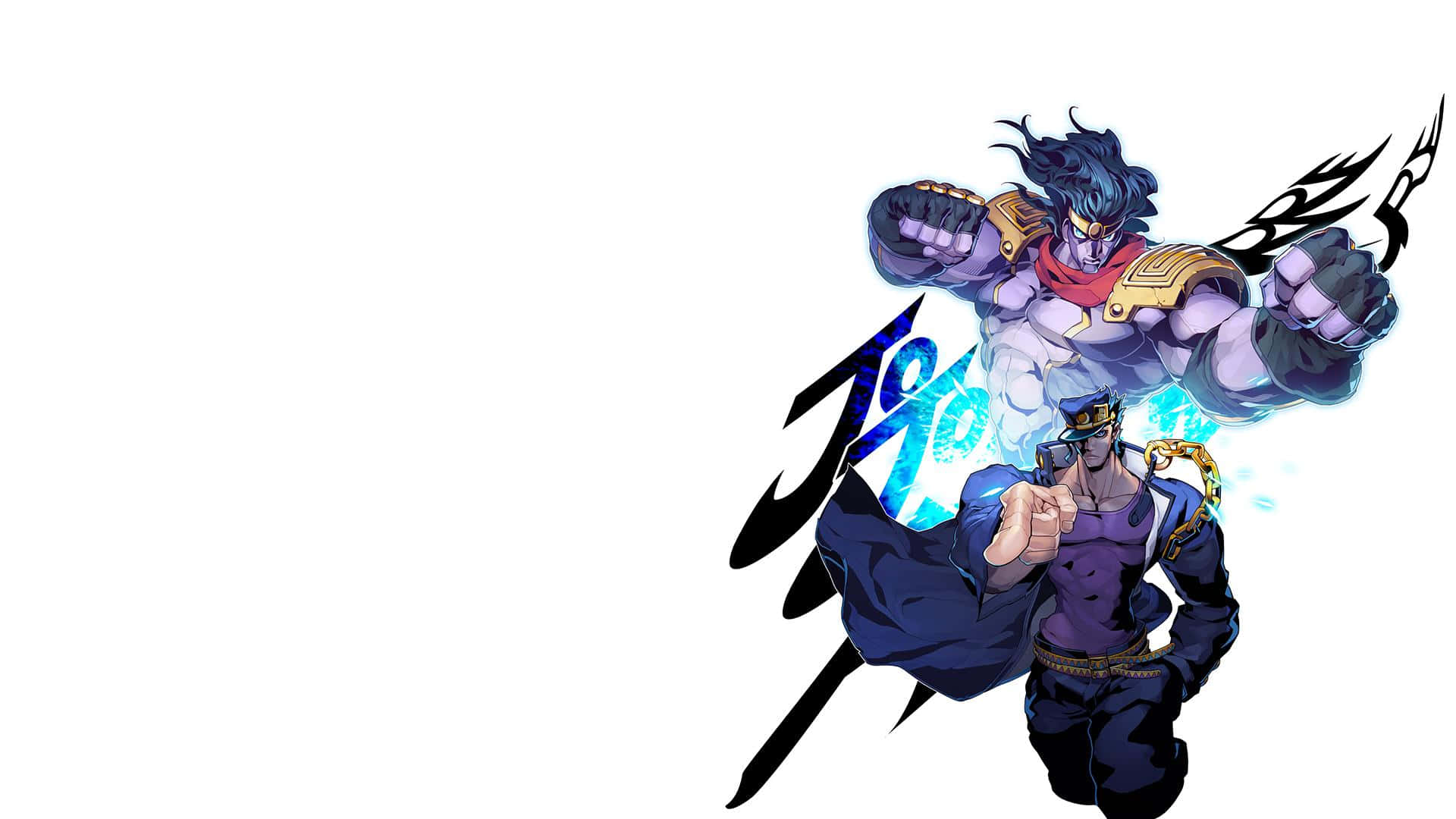 Jotaro 桌布 壁紙 — 兩個動漫角色以動態姿勢呈現，帶有發光的藍色能量和風格化的黑色文字，背景為白色。