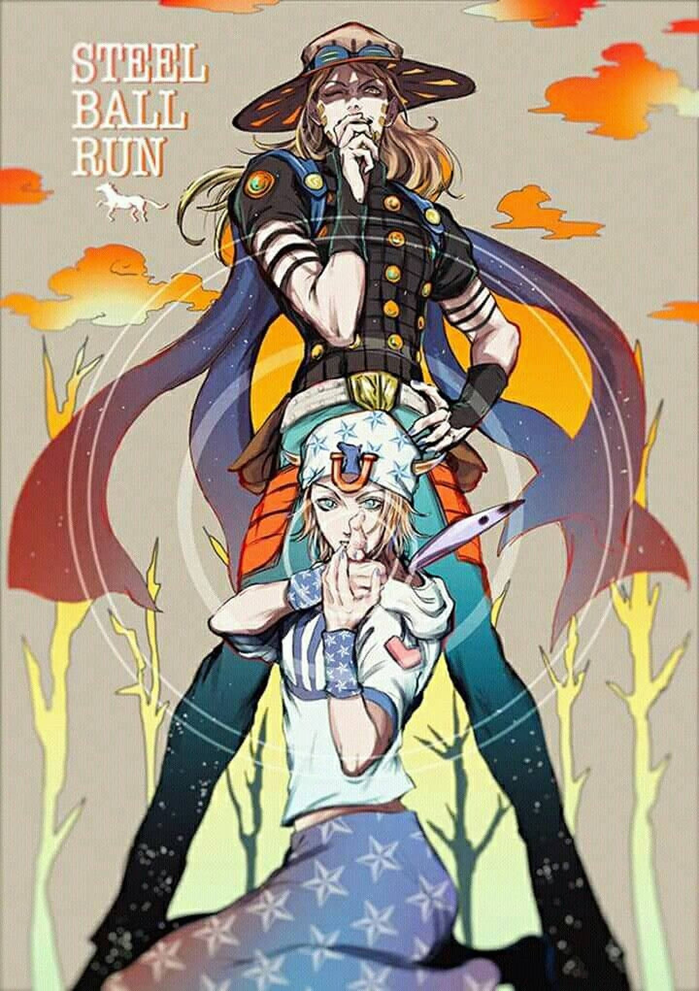 Gyro Zeppeli 桌布 壁紙 — 兩個動漫角色以動態姿勢呈現，搭配鮮豔的橙色雲朵和風格化的樹木，構成一個戲劇性的插圖場景。