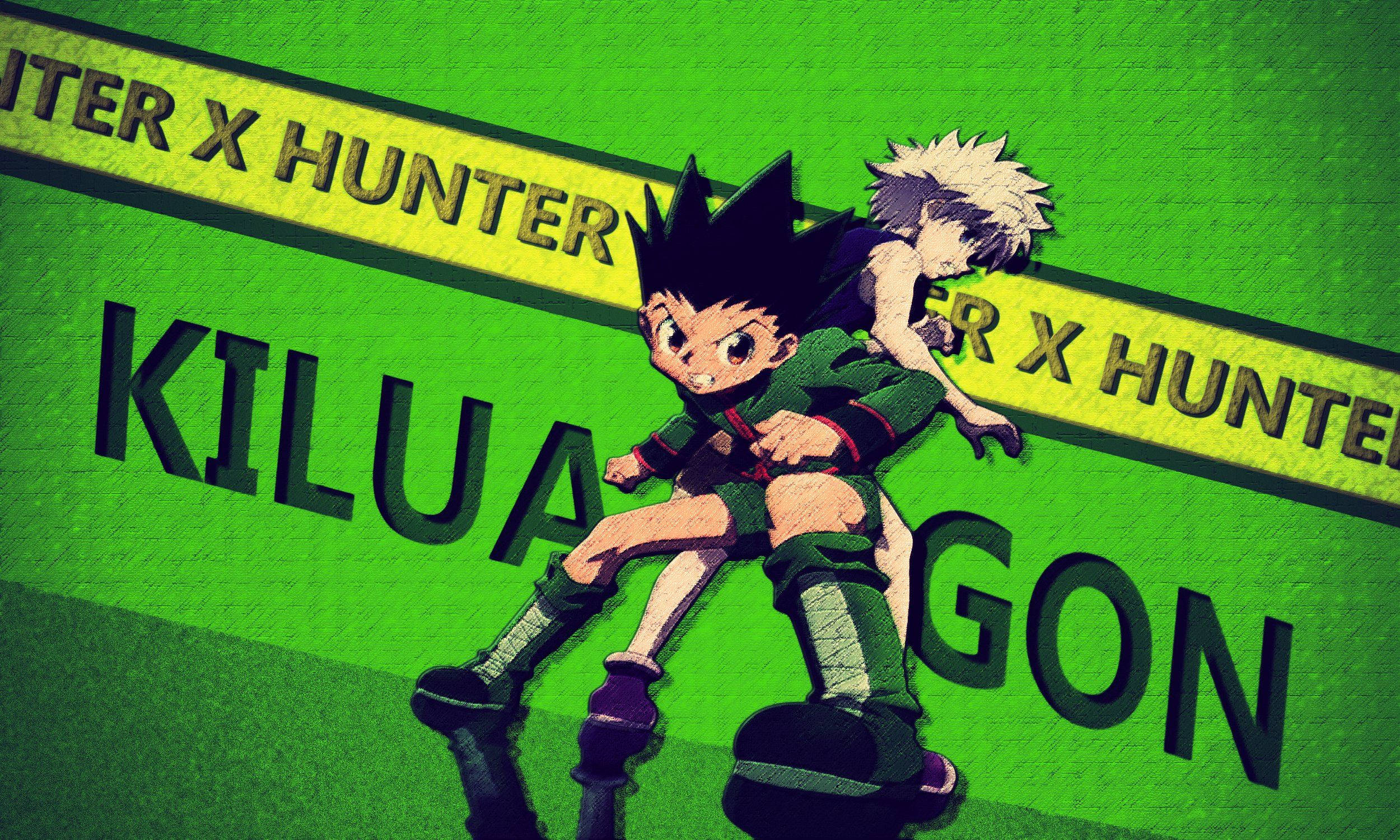 Gon And Killua 桌布 壁紙 — 兩個動漫角色以動態姿勢呈現，背景為鮮綠色，並帶有粗體的 Hunter X Hunter 文字。