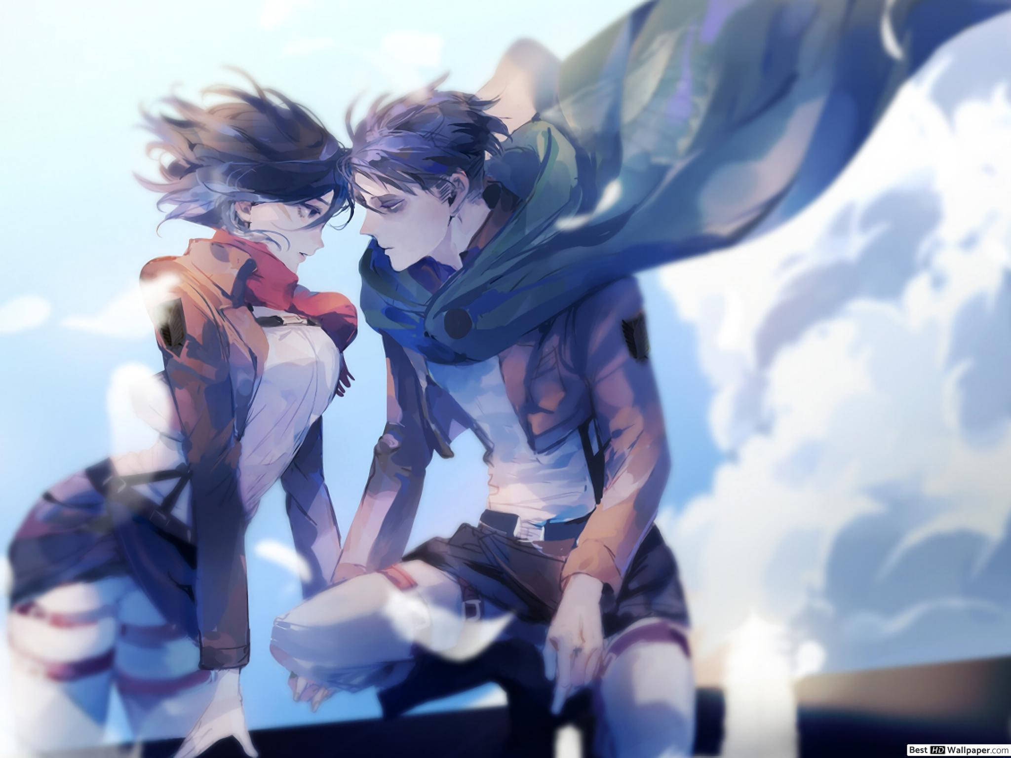 Mikasa Ackerman 桌布 壁紙 — 兩個動漫角色以動態姿勢展現飄逸的圍巾，背景是明亮天空和柔和雲朵。