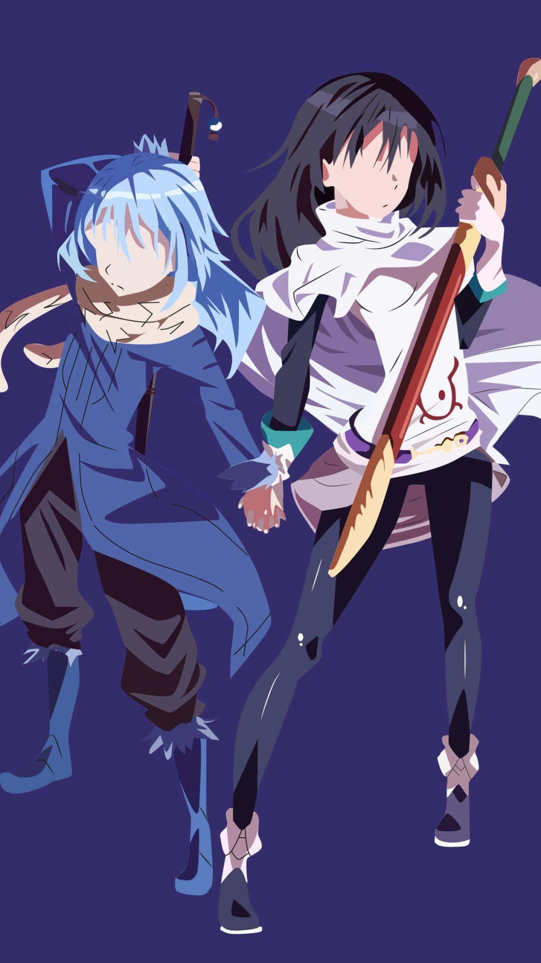 That Time I Got Reincarnated As A Slime 桌布 壁紙 — 兩個動漫角色以動態姿勢手持武器，背景為深紫色。