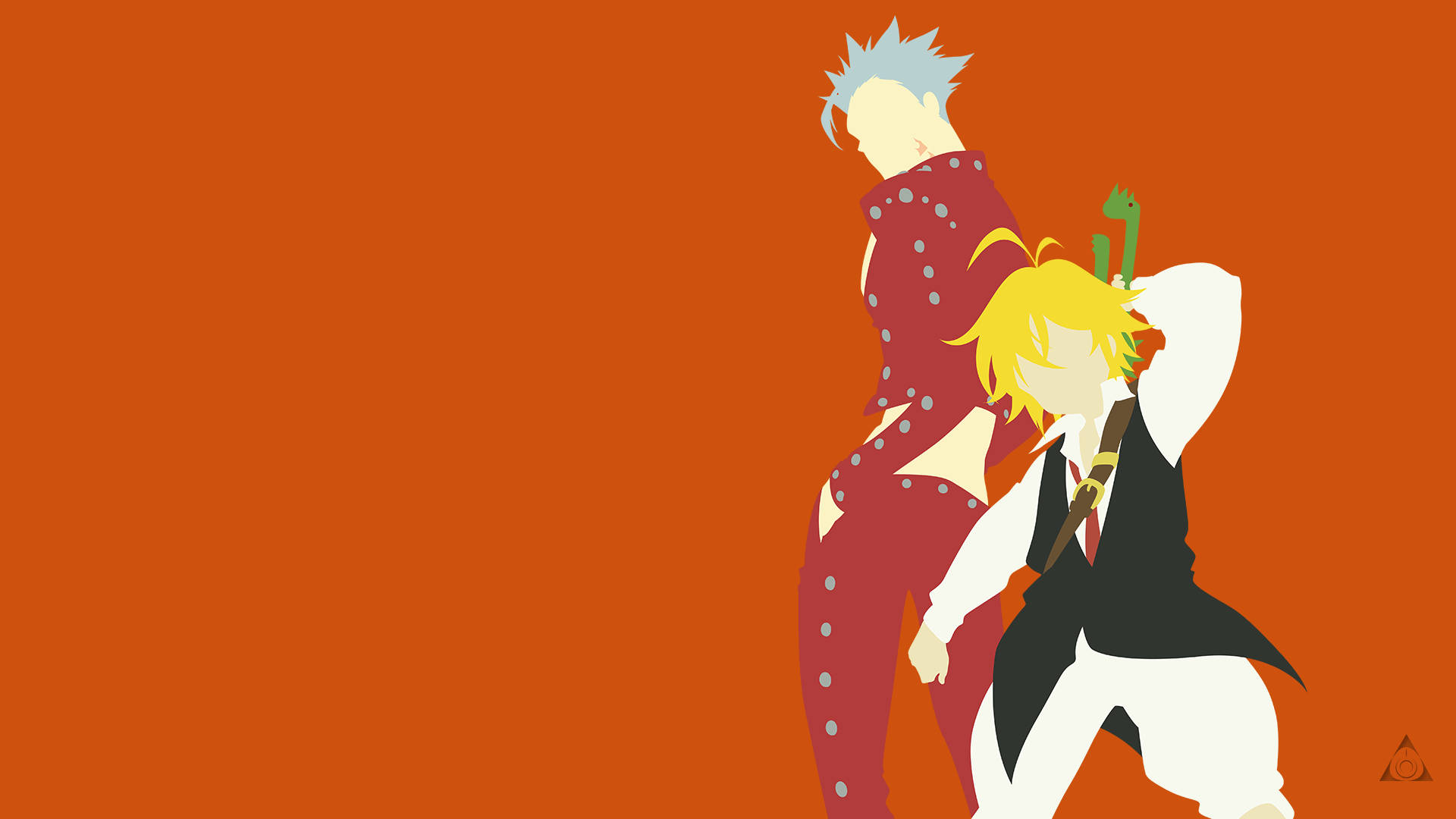 Meliodas 桌布 壁紙 — 兩個動漫角色以動態姿勢站在純橙色背景前，採用大膽的平面色彩和極簡細節。