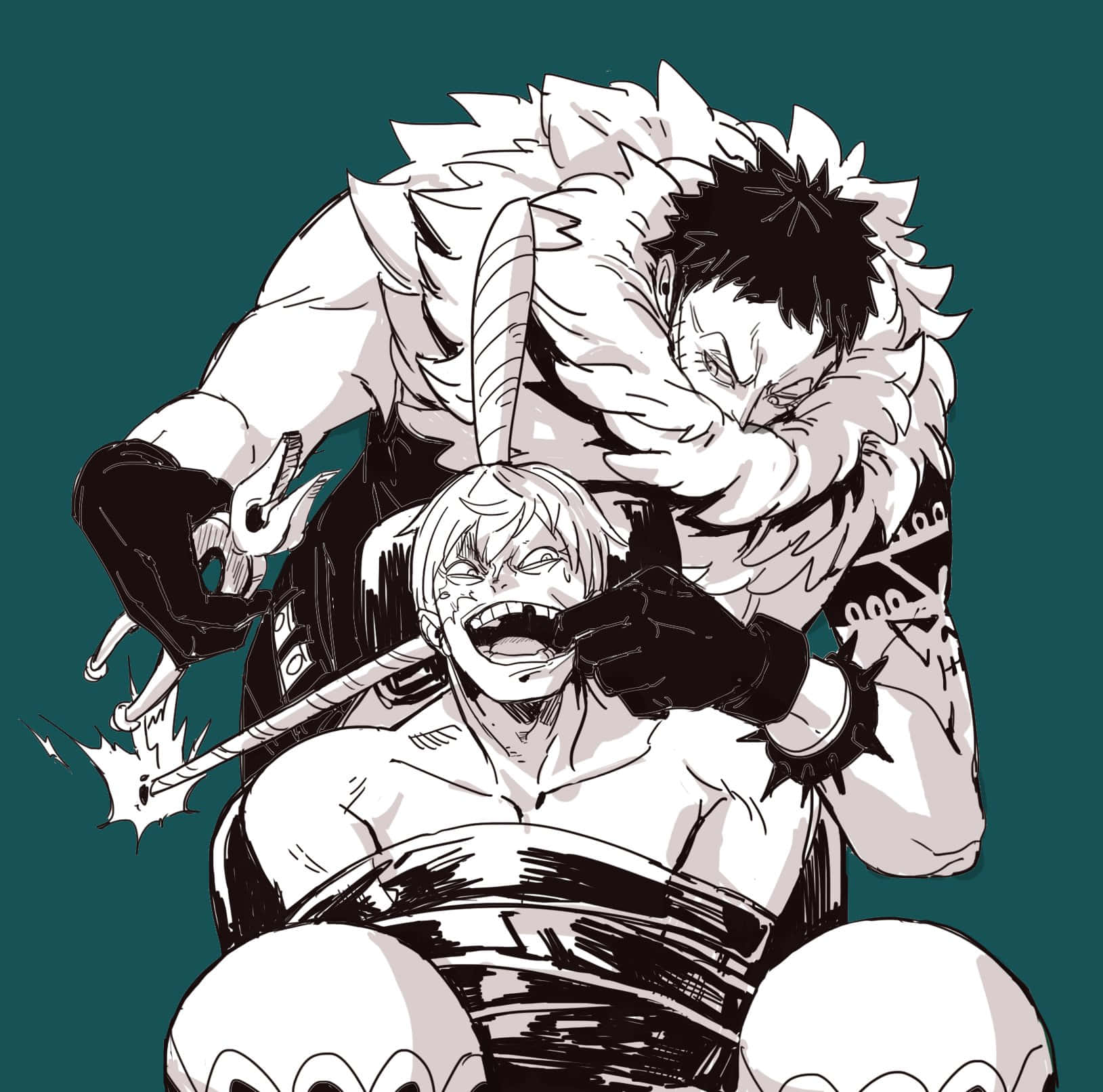 Charlotte Katakuri 桌布 壁紙 — 兩個動漫角色以動態戰鬥姿勢，其中一個將武器對準另一個的臉，背景為青綠色。