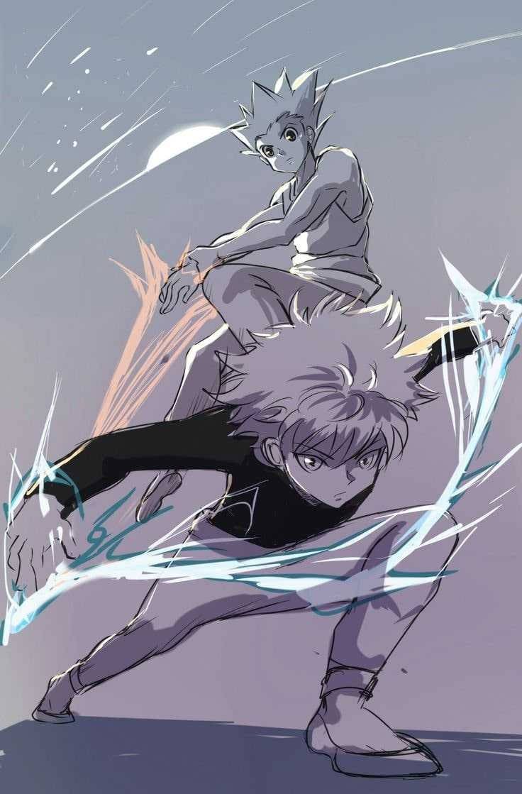Hunter X Hunter iPhone 桌布 壁紙 — 兩個動漫角色以動態戰鬥姿勢，在灰色天空與新月背景下揮出發光能量斬擊。
