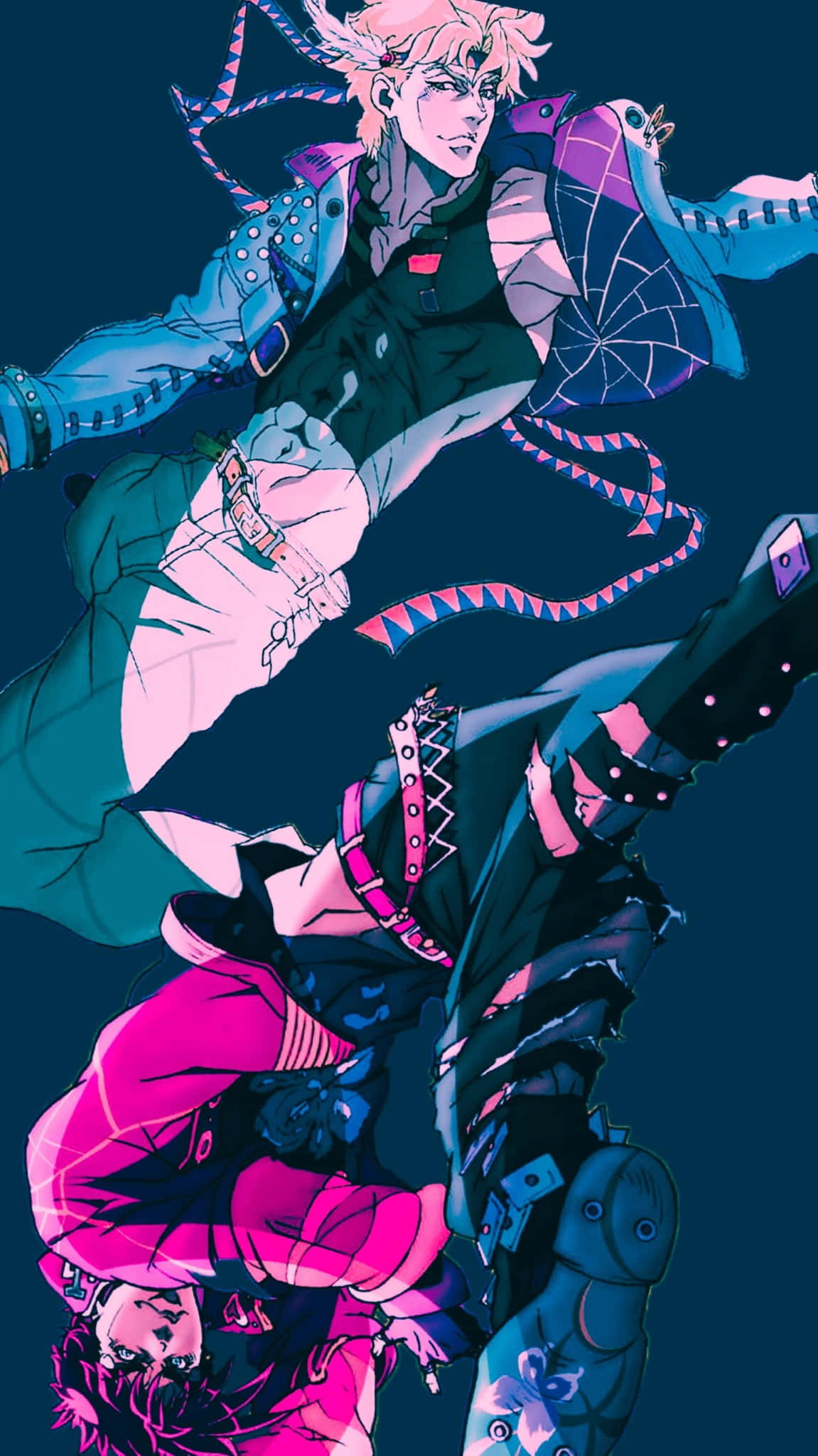 Battle Tendency 桌布 壁紙 — 兩個動漫角色以動態戰鬥姿勢，身穿螢光粉紅和藍色服裝，背景為深藍綠色。