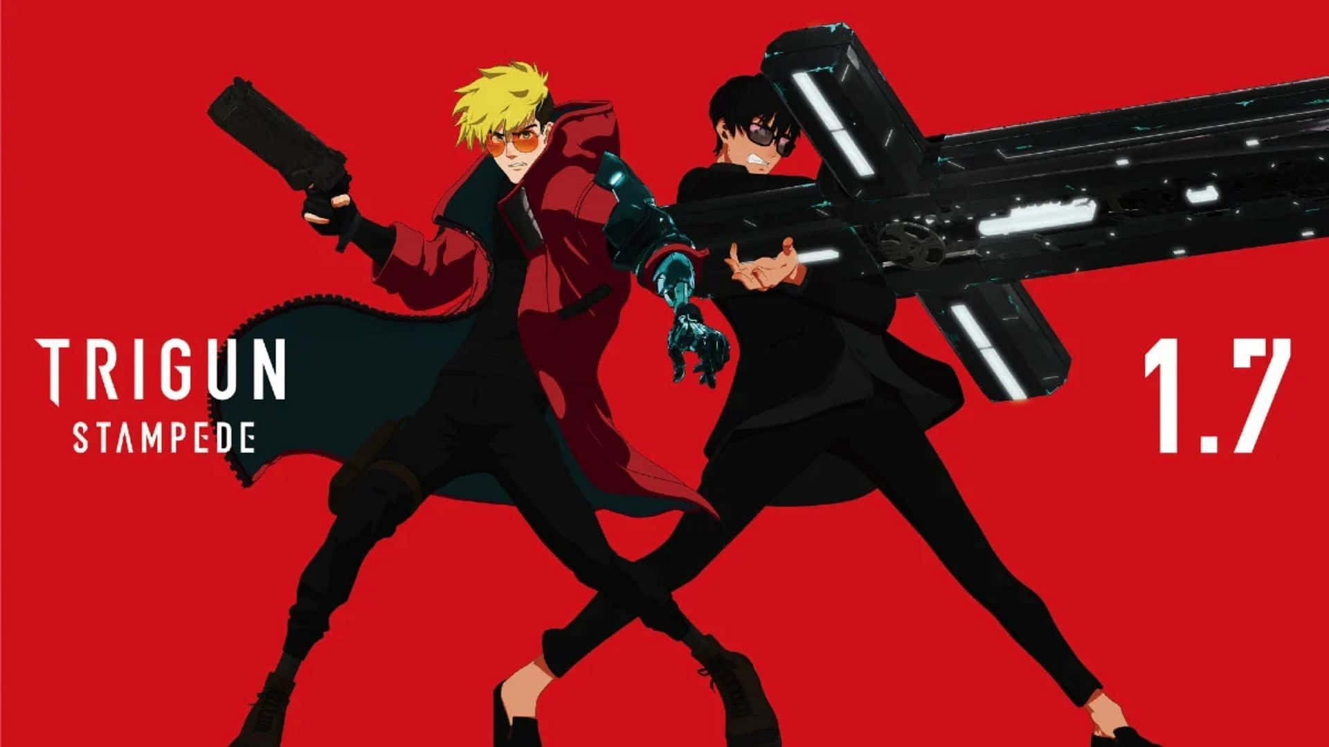 Trigun 桌布 壁紙 — 兩個動漫角色以動態戰鬥姿勢出現在大膽的紅色背景上，帶有文字和未來武器。