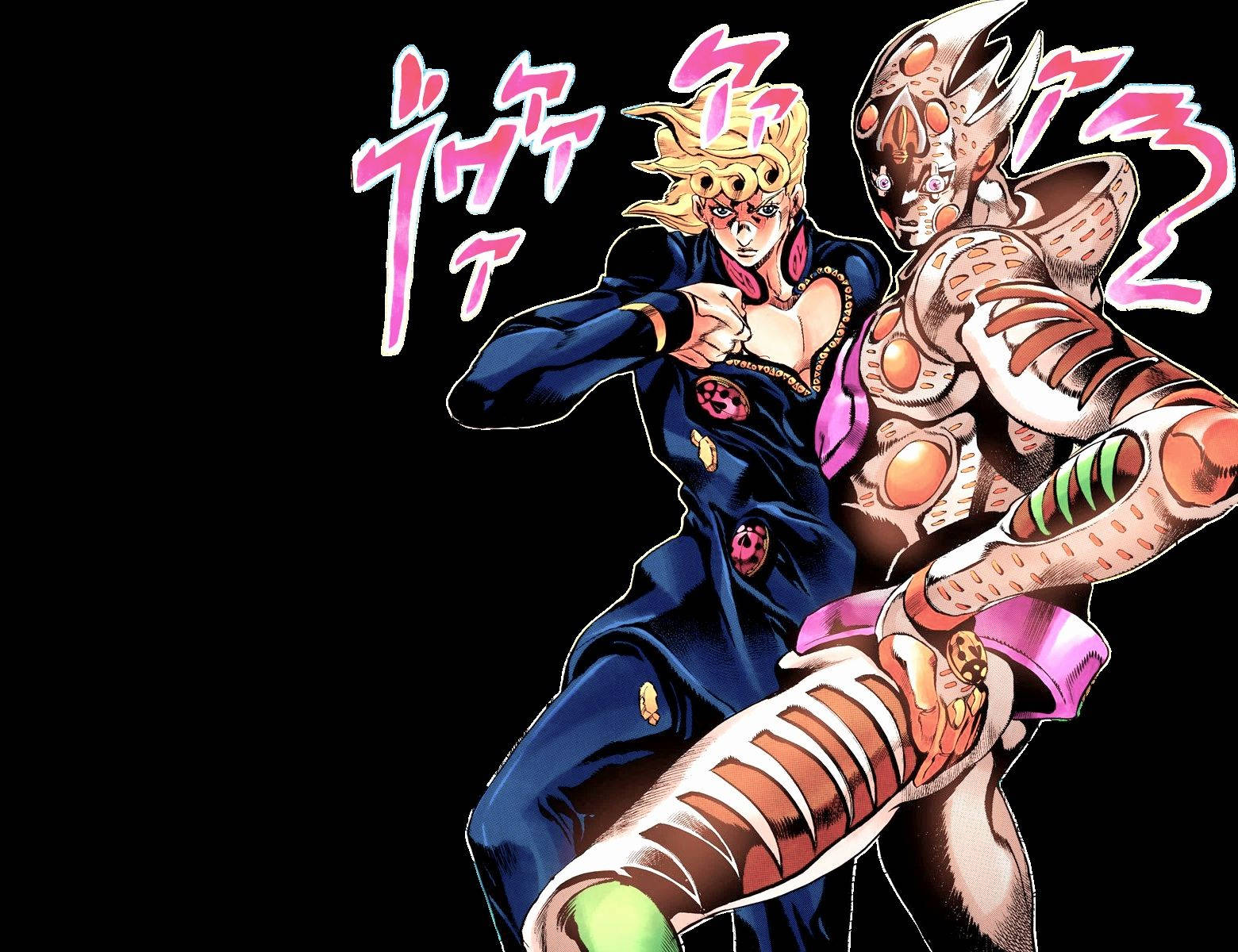 Giorno 桌布 壁紙 — 兩個動漫角色以動態戰鬥姿勢出現在黑色背景上，帶有粉紅色日文字。