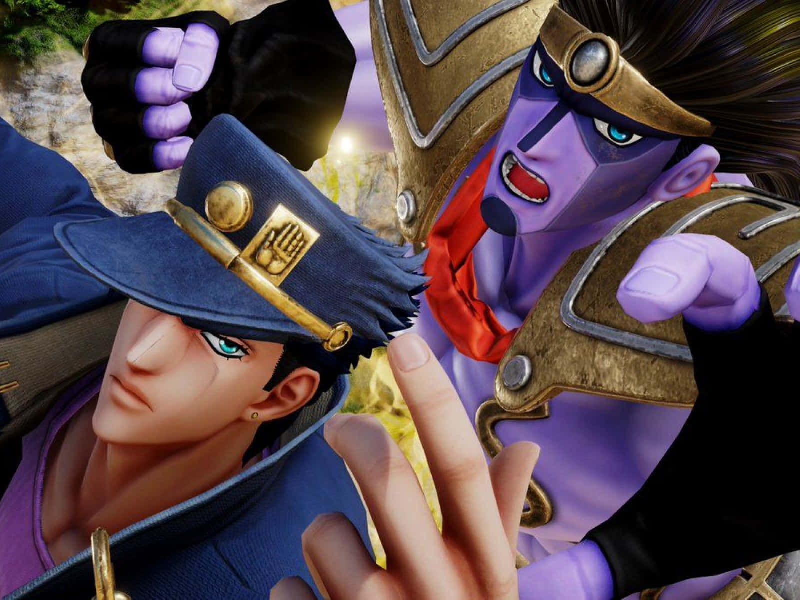 Jotaro 桌布 壁紙 — 兩個動漫角色以動態戰鬥姿勢呈現，表情強烈，服飾精細，背景為模糊的自然景色。