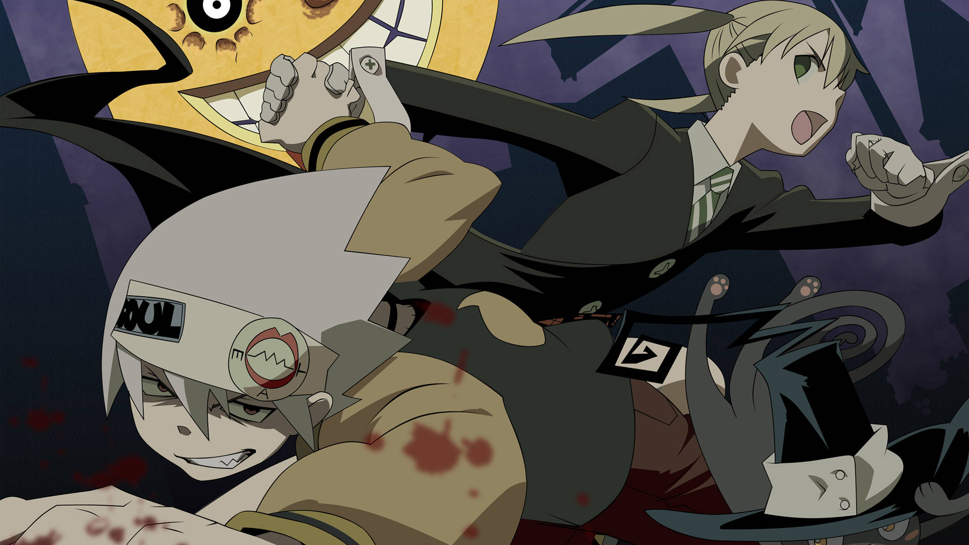 soul eater moon 桌布 壁紙 — 兩個動漫角色以動態戰鬥姿勢呈現，帶有血跡飛濺，背後有一個怪異的黃色面孔隱現。