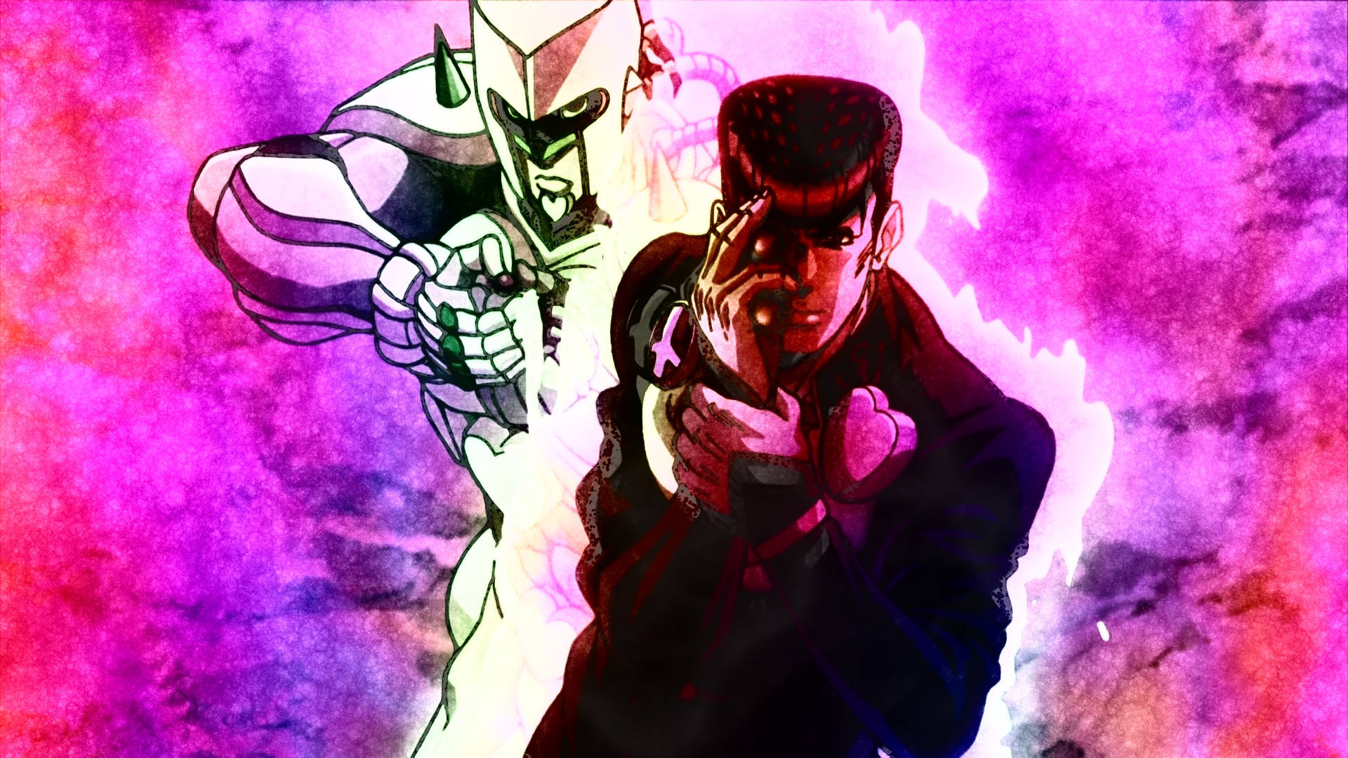 Josuke 桌布 壁紙 — 兩個動漫角色以動態戰鬥姿勢呈現，背景為充滿活力的紫色和粉紅色水彩風格。