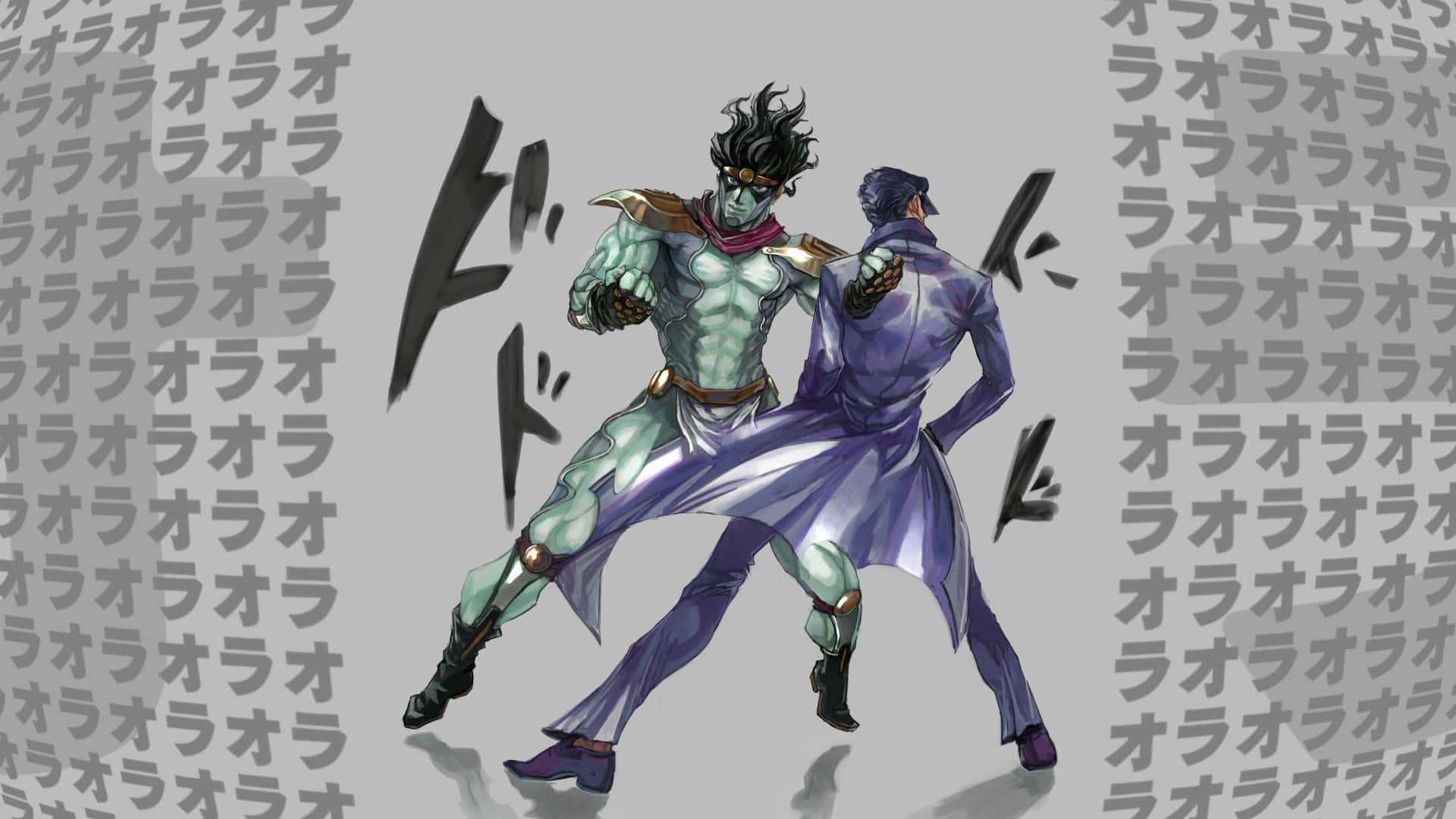 Jjba 桌布 壁紙 — 兩個動漫角色以動態戰鬥姿勢呈現，帶有運動線條和日文文字背景。