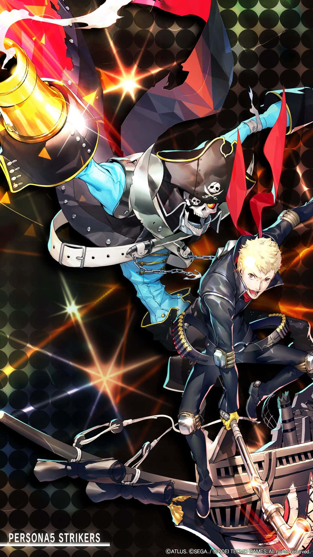 Persona 5 Strikers 桌布 壁紙 — 兩個動漫角色以動態戰鬥姿勢手持發光武器，背景是閃爍的黑暗場景。