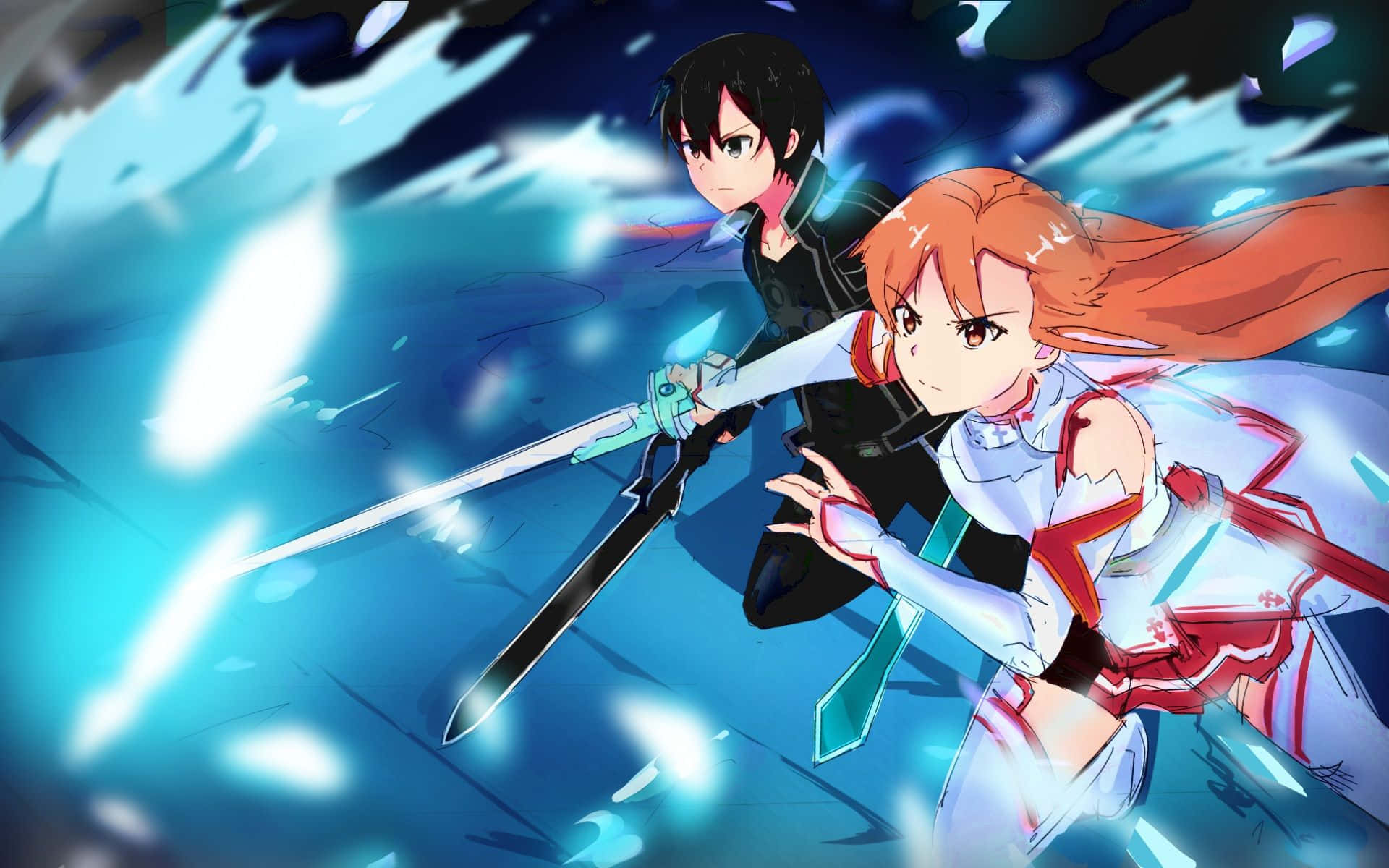 Yuuki Asuna 桌布 壁紙 — 兩個動漫角色以動態戰鬥姿勢揮舞發光劍，背景是藍色能量風暴。