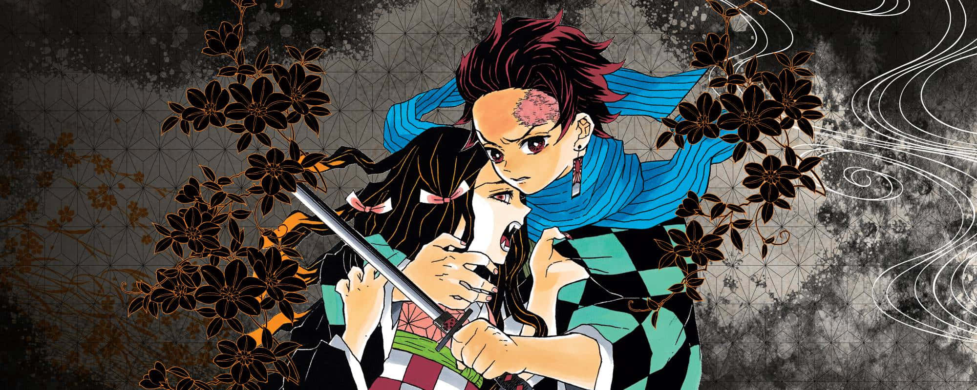 Demon Slayer Manga 桌布 壁紙 — 兩個動漫角色以動態戰鬥姿勢被深色花卉圖案和旋轉線條包圍。