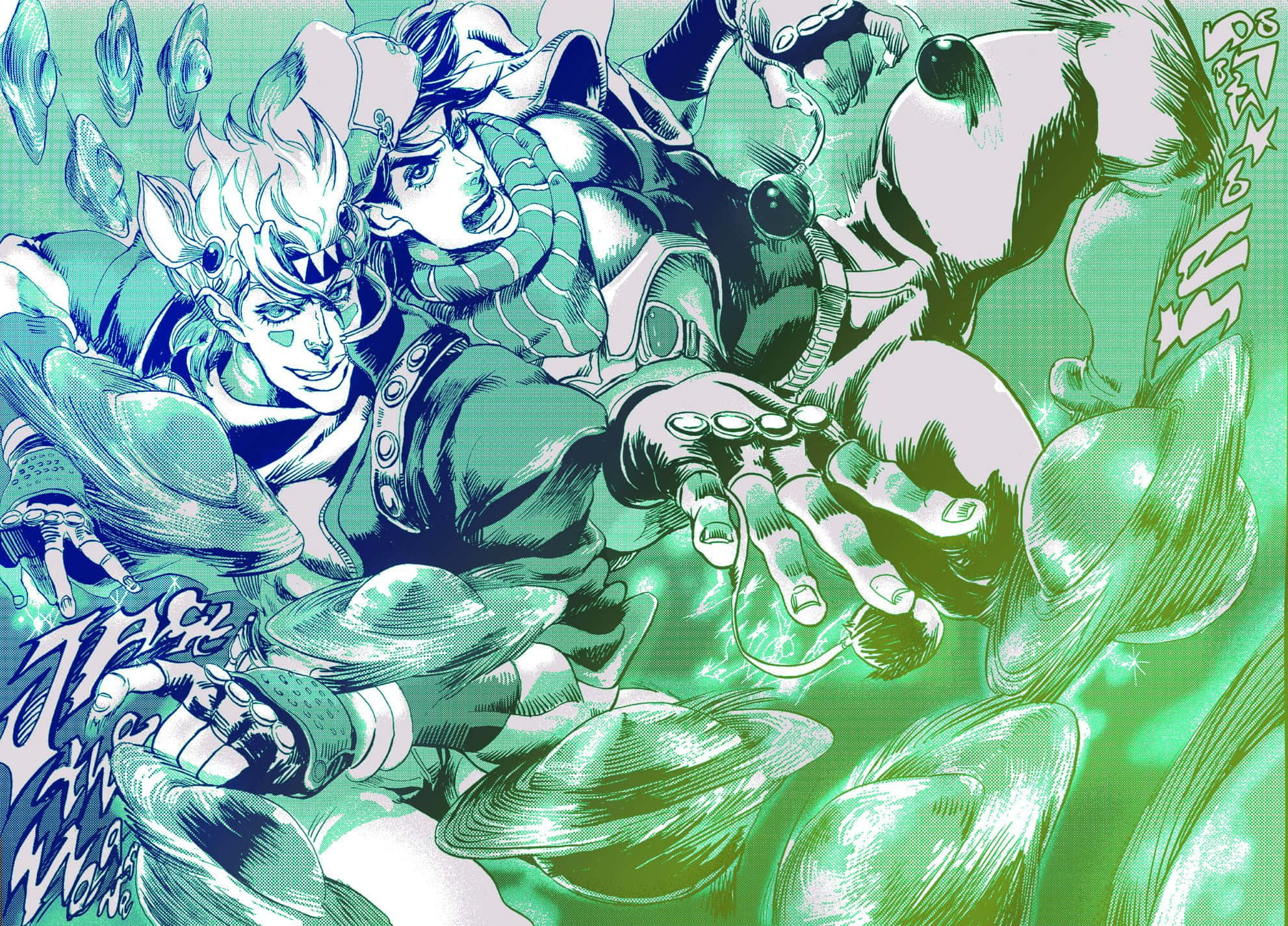 Battle Tendency 桌布 壁紙 — 兩個動漫角色以動態戰鬥姿勢被漂浮的帽子包圍，背景為充滿活力的綠色。