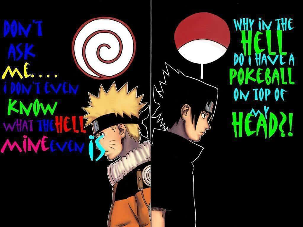 Funny Naruto 桌布 壁紙 — 兩個動漫角色以喜劇性的沮喪反應，一個頭上頂著精靈球，另一個上方懸浮著螺旋符號。