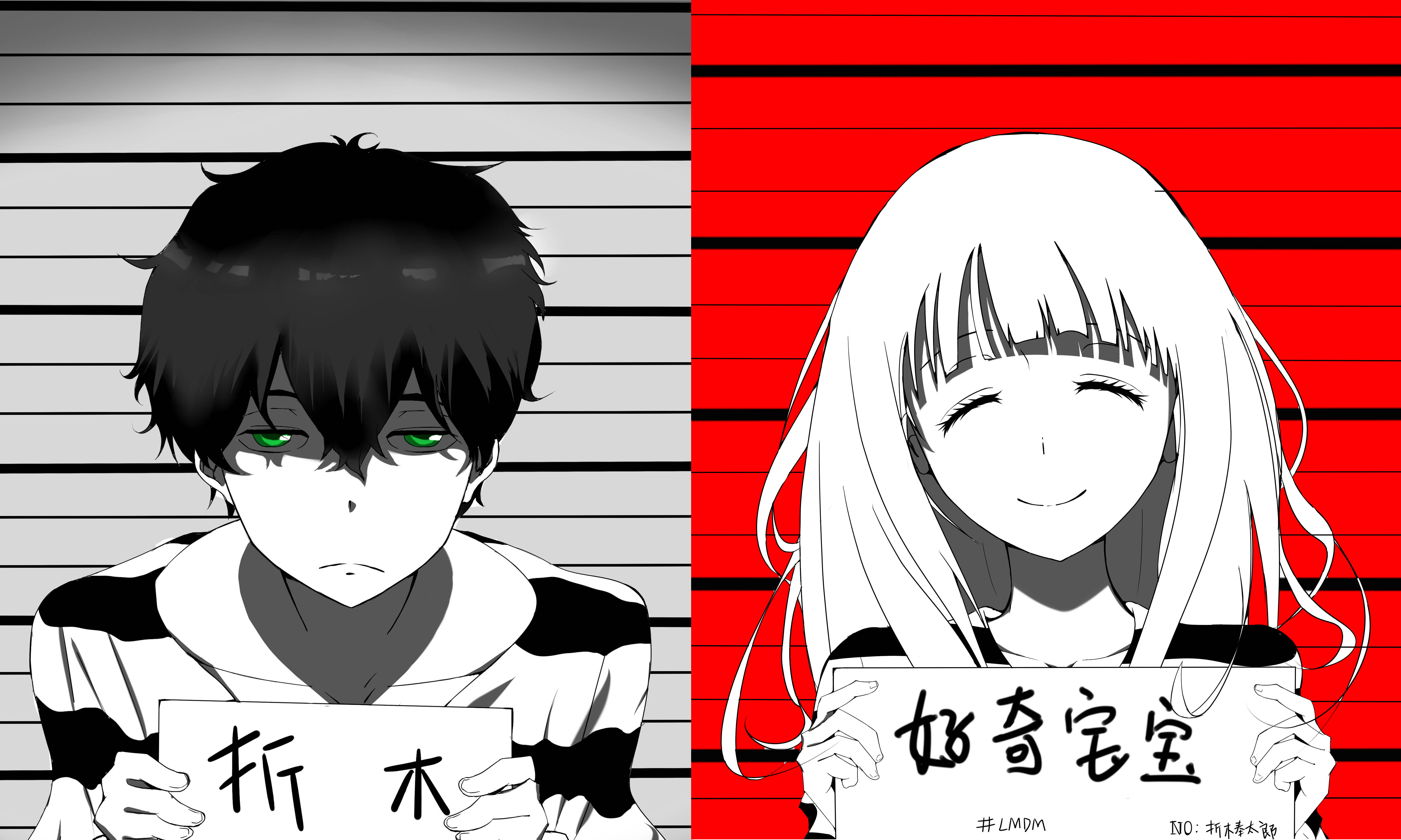 Oreki Houtarou 桌布 壁紙 — 兩個動漫角色以嫌犯照姿勢擺拍，一個有綠色眼睛，背景為灰色條紋，另一個微笑著，白髮，背景為紅色條紋。