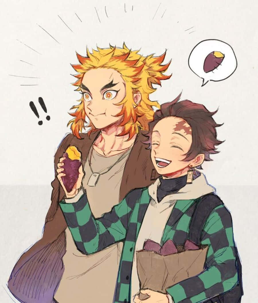 Rengoku And Tanjiro 桌布 壁紙 — 兩個動漫角色以富有表現力的臉孔和動態線條，分享一個關於地瓜的歡樂時刻。