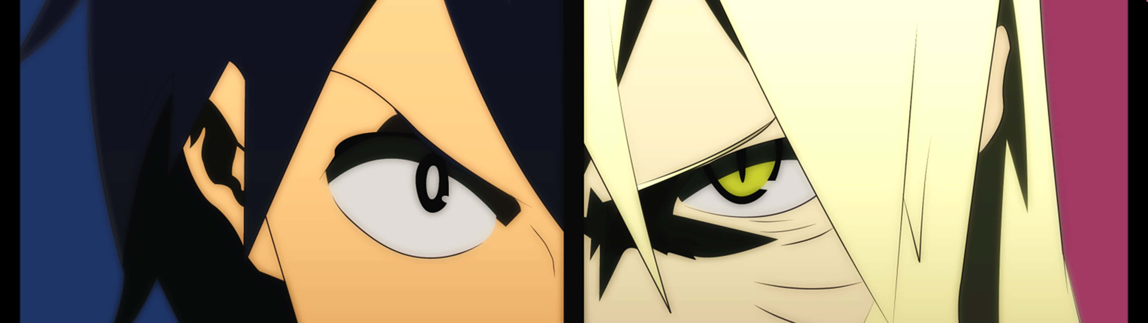 3840 X 1080 Anime HD 桌布 壁紙 — 兩個動漫角色以對比的眼睛顏色和尖銳的面部表情互相怒視。