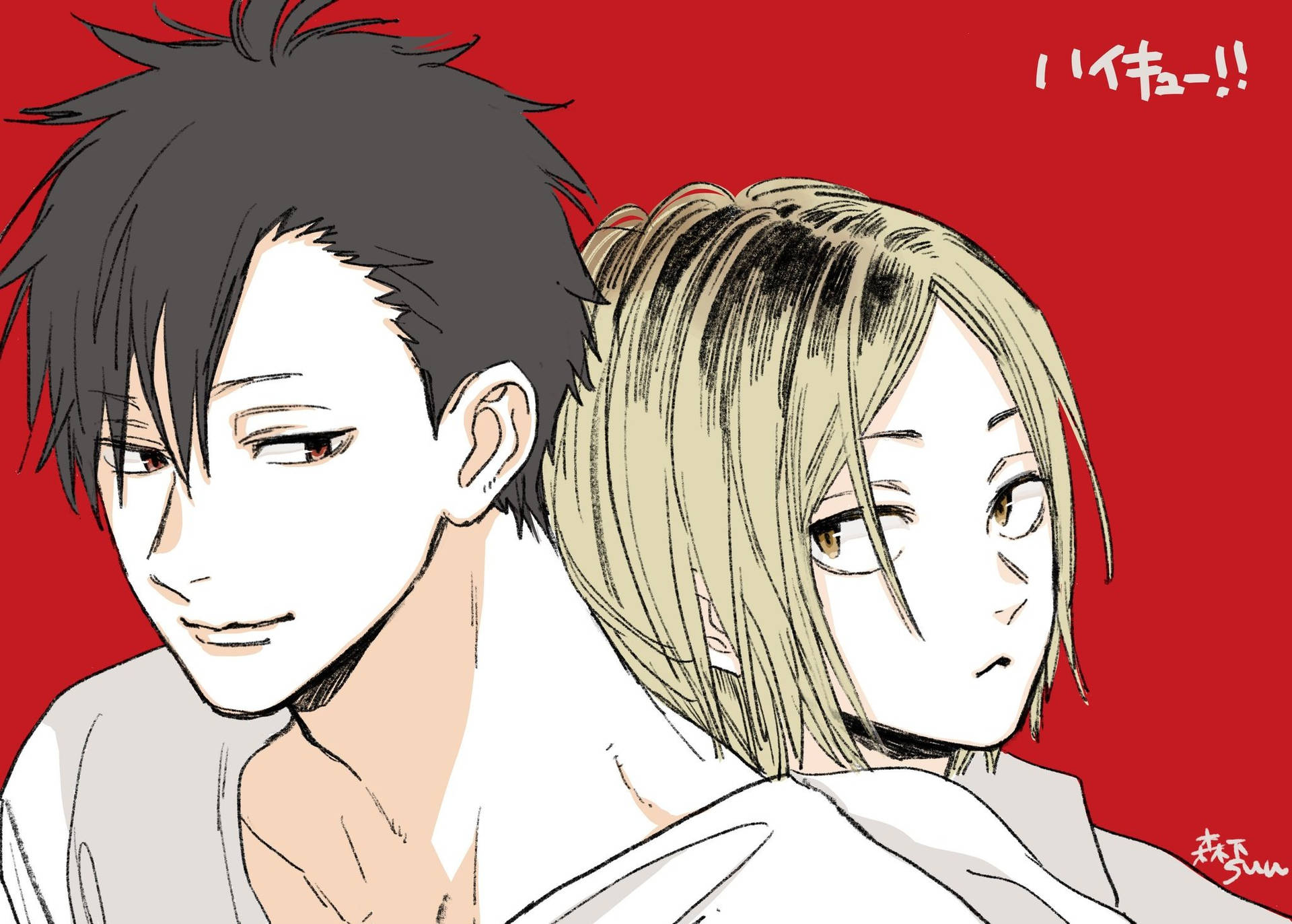 Haikyuu 桌布 壁紙 — 兩個動漫角色以對比的表情站在大膽的紅色背景前，一個在奸笑，另一個看起來很惱火。