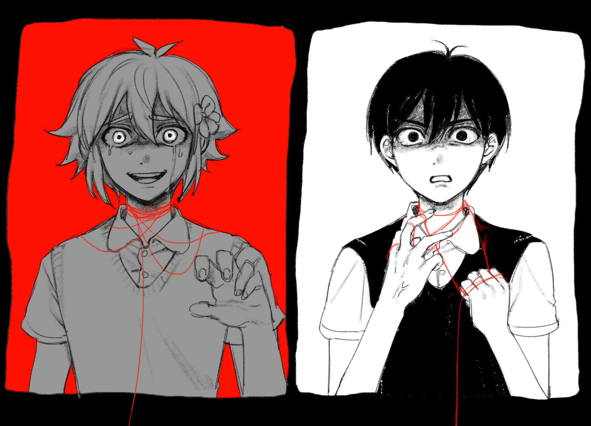 omori 桌布 壁紙 — 兩個動漫角色以對比的黑白面板呈現——一個在鮮紅色背景前，兩者頸上都繫著紅繩，眼睛睜得大大的。
