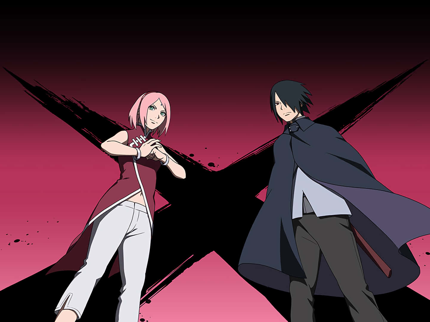 Sasuke Sakura 桌布 壁紙 — 兩個動漫角色以戰鬥姿勢站立在鮮明的粉紅色和黑色X形背景前。