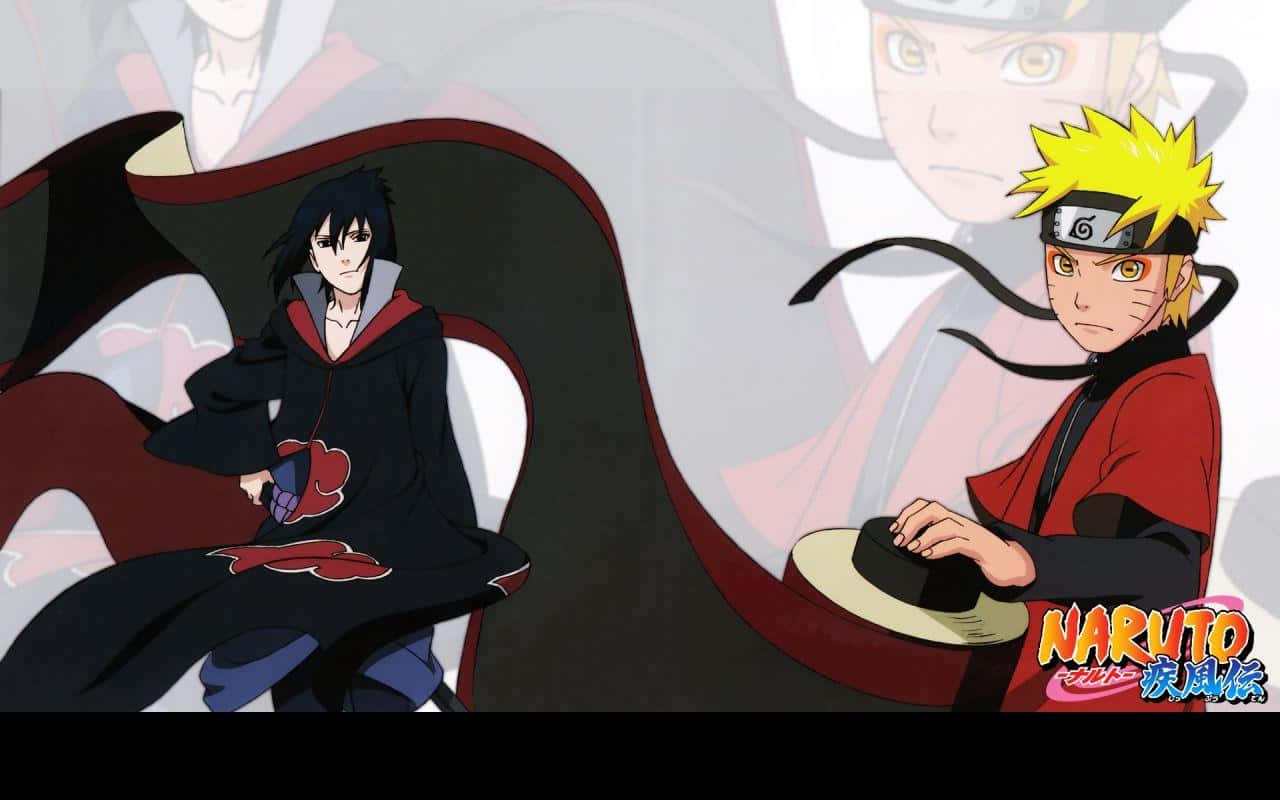 Naruto Manga 桌布 壁紙 — 兩個動漫角色以戲劇性的姿勢面對面坐著，紅黑能量在他們之間旋轉。