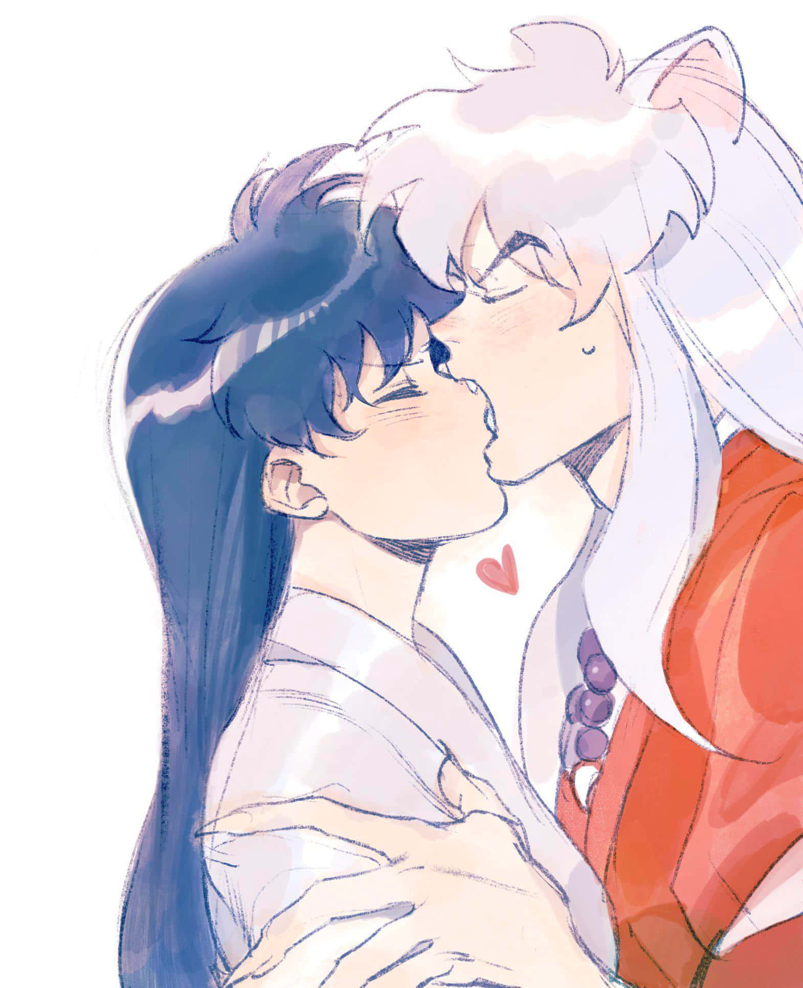 Inuyasha And Kagome 桌布 壁紙 — 兩個動漫角色以柔和的水彩筆觸和頸上的心形標記分享一個溫柔的吻。