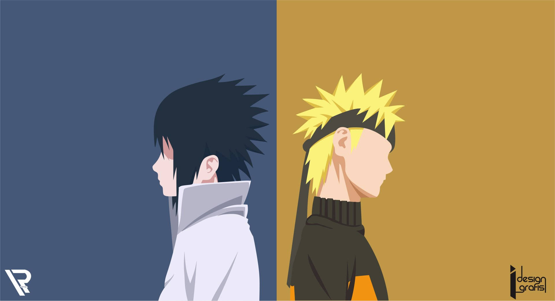 Naruto And Sasuke 桌布 壁紙 — 兩個動漫角色以極簡輪廓背對背站立，背景分為藍色和金色。