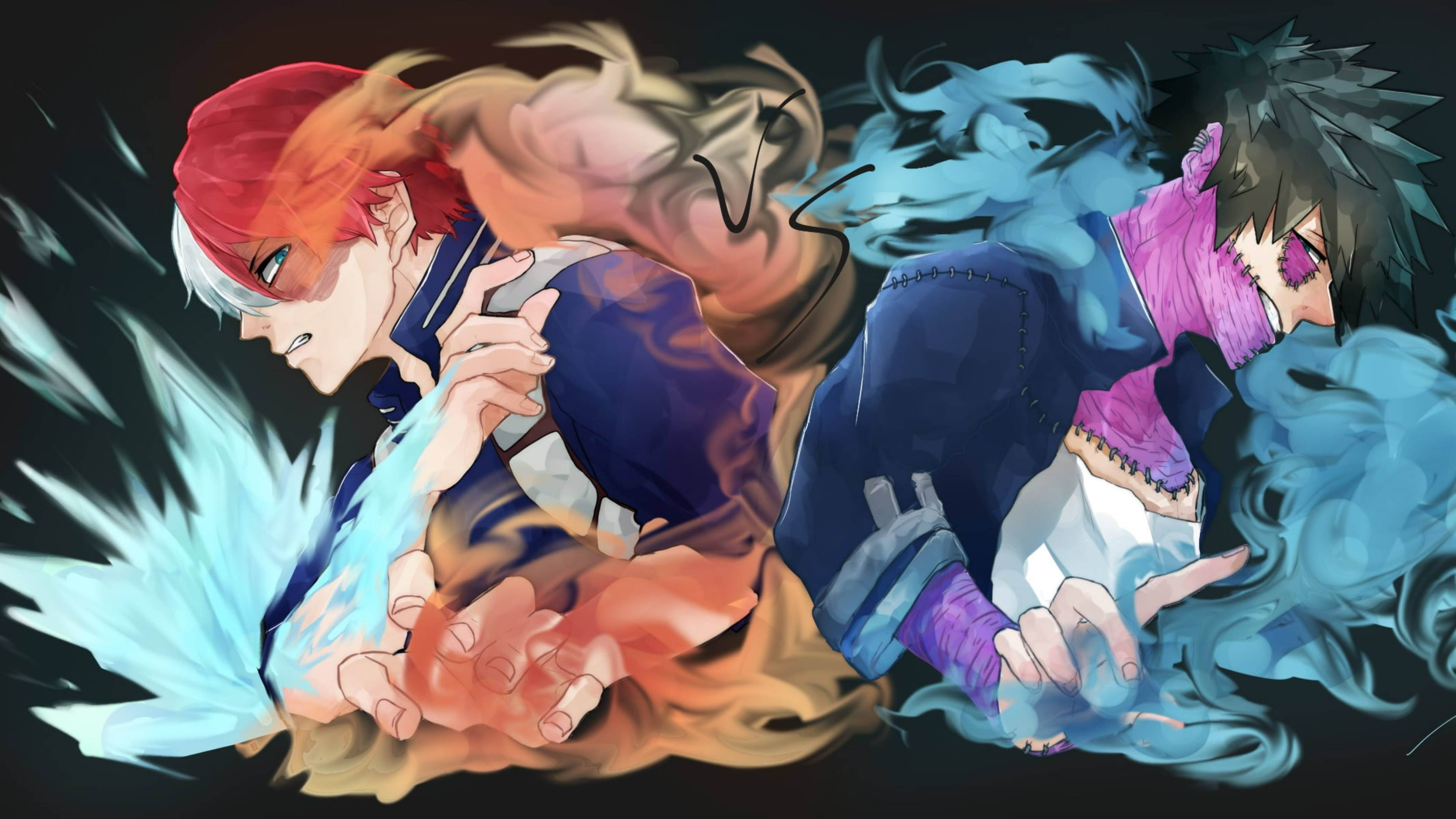 todoroki family 桌布 壁紙 — 兩個動漫角色以熾熱的橙色和冰冷的藍色能量碰撞，展開動態戰鬥場景。