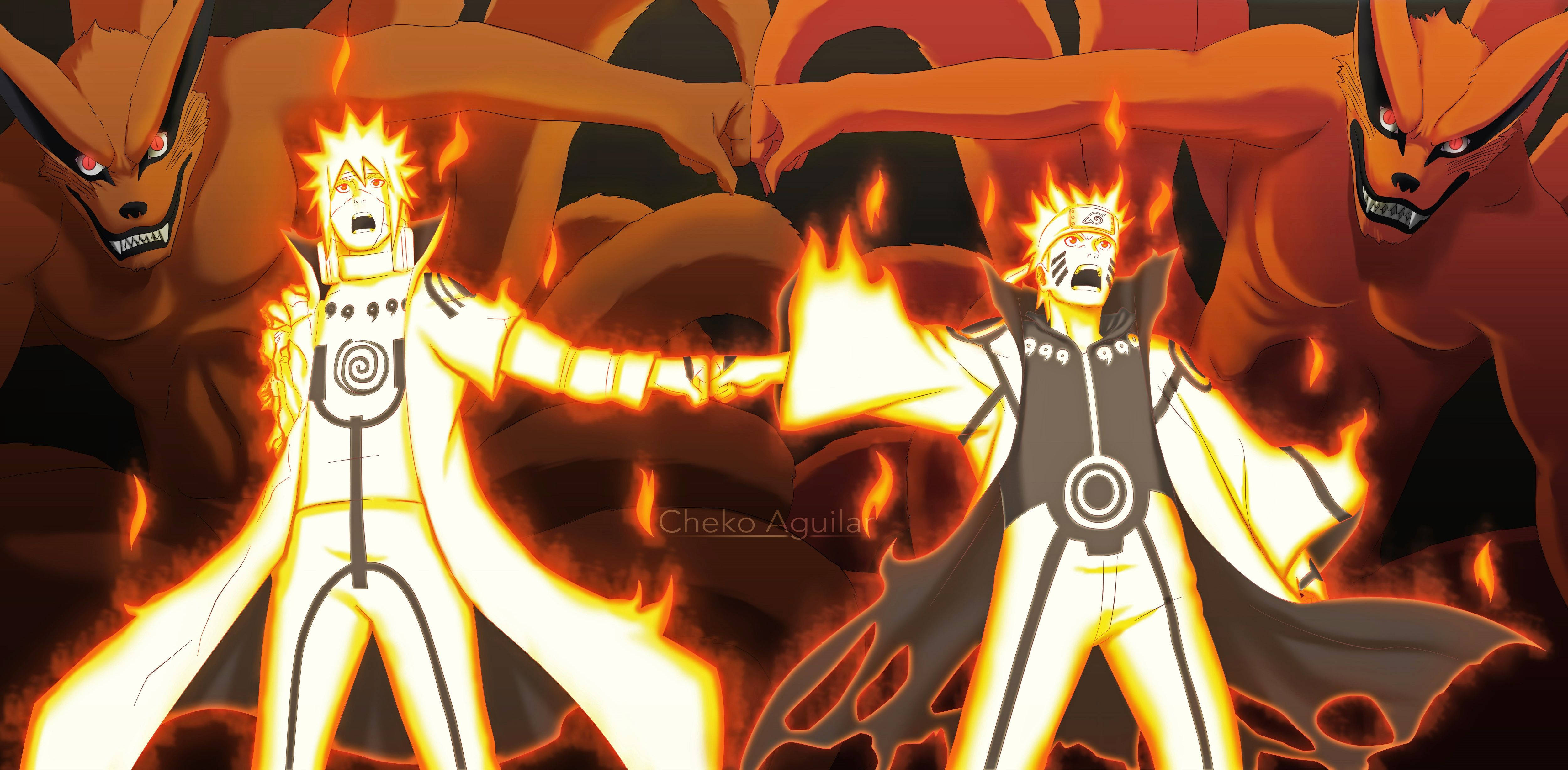minato namikaze 桌布 壁紙 — 兩個動漫角色以發光的橙色查克拉形態背靠背站立，身後有九尾狐。