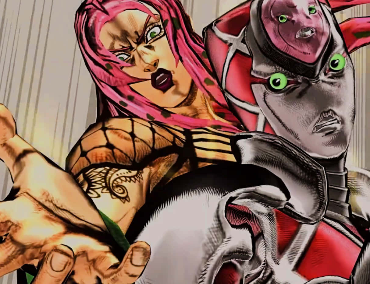 Jojo's Bizarre Adventure Diavolo 桌布 壁紙 — 兩個動漫角色以粉紅色頭髮和綠色眼睛在條紋背景前擺出激烈戰鬥姿勢。