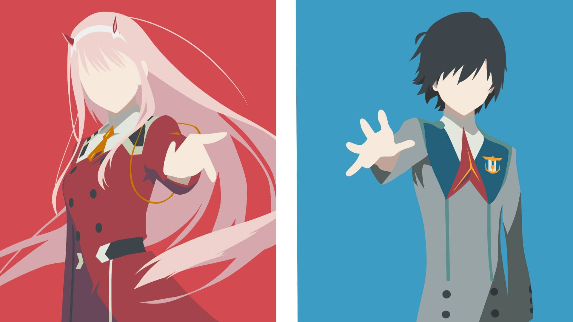DARLING in the FRANXX 桌布 壁紙 — 兩個動漫角色以風格化姿勢站在純紅和純藍背景前，一個長髮，一個短髮，都穿著校服。