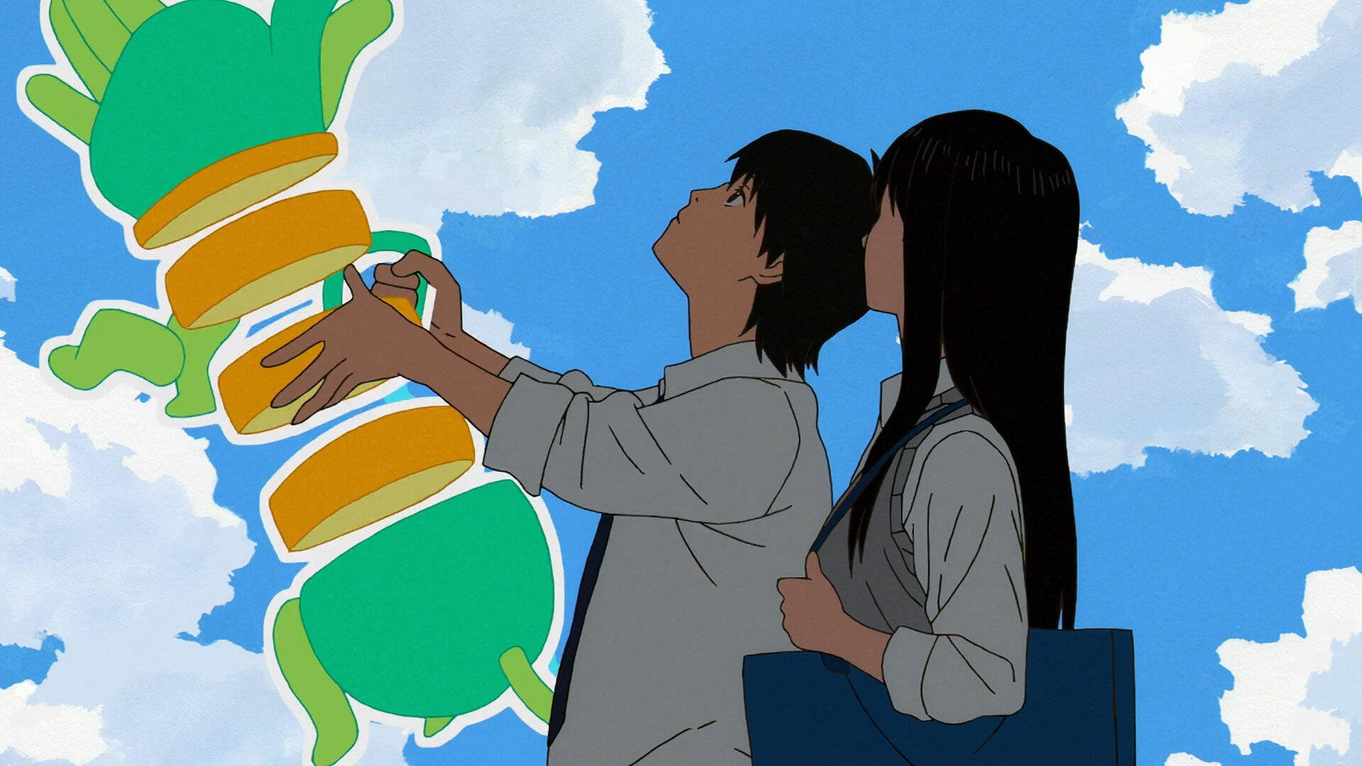 Sonny 桌布 壁紙 — 兩個動漫角色仰望，一個古怪的綠色和橙色生物在藍天白雲中漂浮。