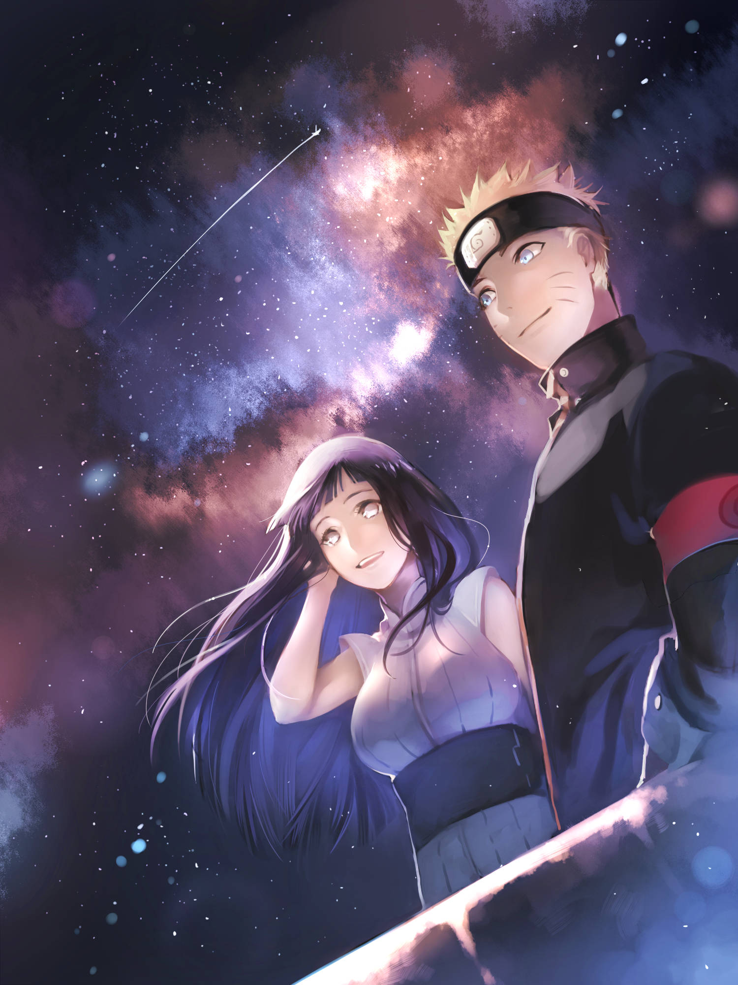 火影忍者 雛田 桌布 壁紙 — 兩個動漫角色仰望充滿星星和流星的鮮豔宇宙星雲。